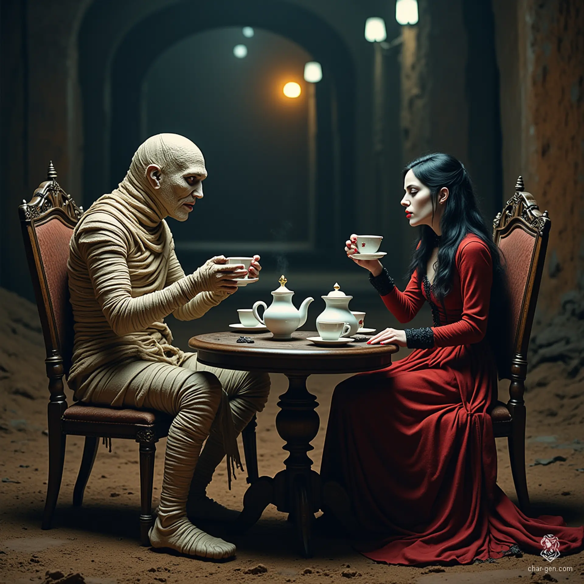 In a quaint inn, a mummy wrapped in tattered linens and a suave vampire with an elegant cape share a pot of tea. Their conversation, rich with ancient tales and dark humor, pierces the stillness, blending the eerie charm of the past with the allure of eternity.