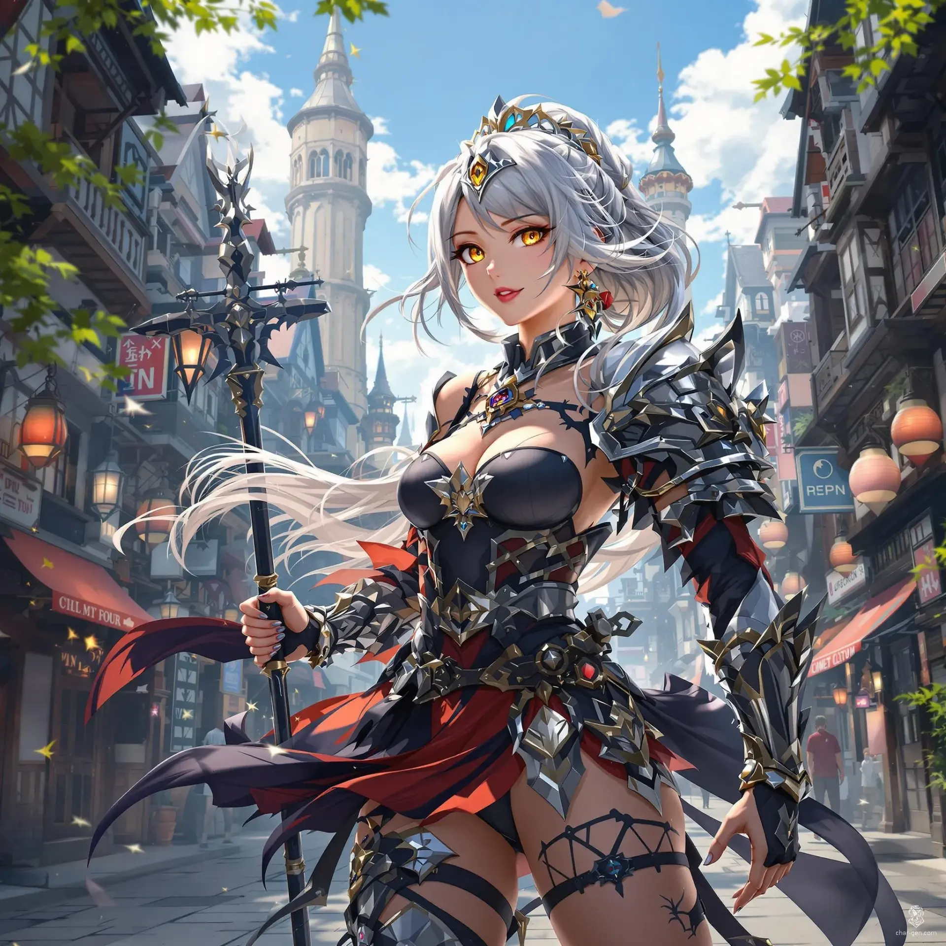 A highly detailed, life-size medieval fantasy anime character rendered in stunning 4K UHD HDR. Featuring perfect anatomy and realistic skin textures, this dynamic full-body portrait captures a cinematic key frame set against a vibrant city backdrop, blending fantasy and realism seamlessly.
