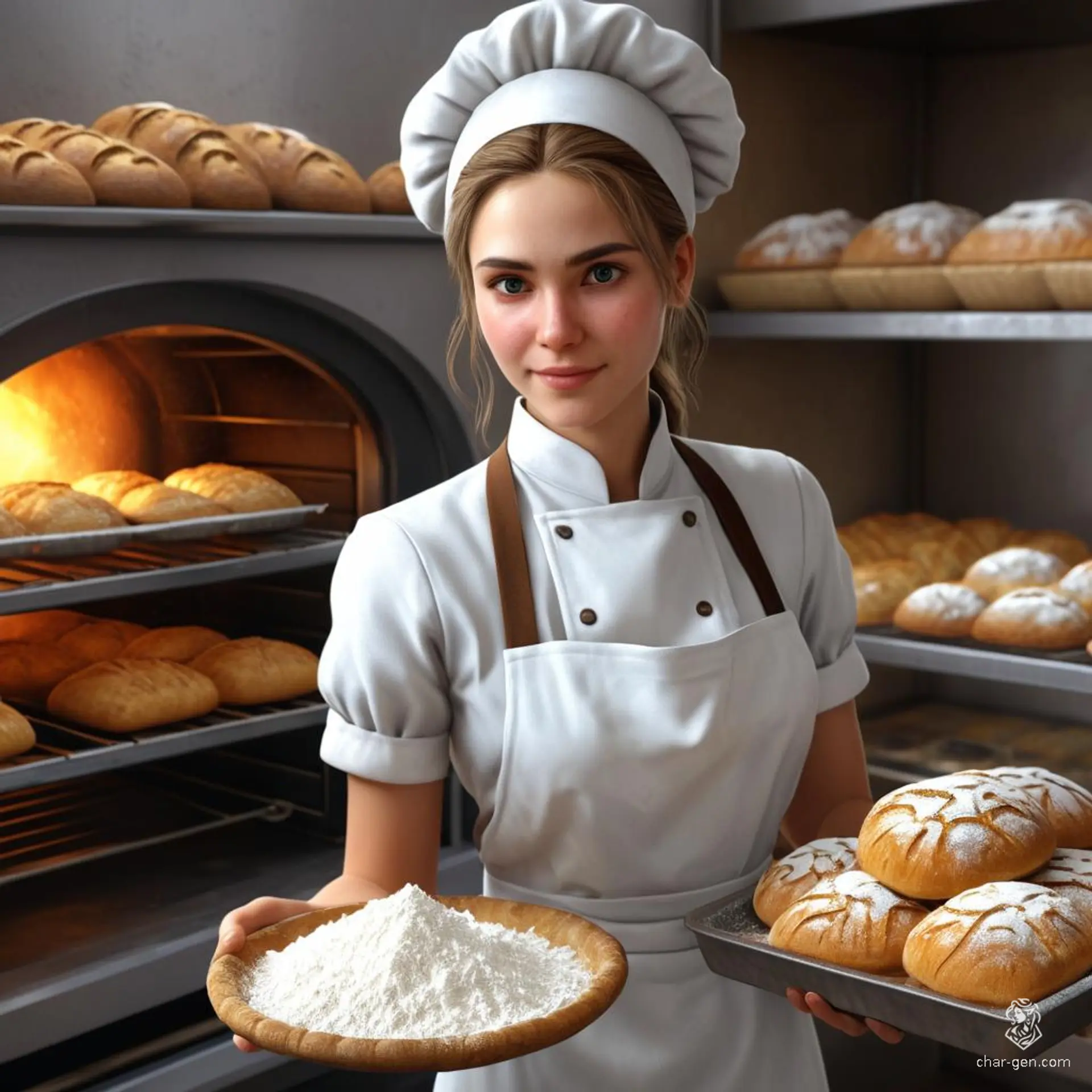 A serene, light-skinned cleric with her hair in a bun, this young and alluring woman works as a baker. Covered in flour and surrounded by the warm scent of fresh loaves, her prominent holy symbol reflects her deep devotion.