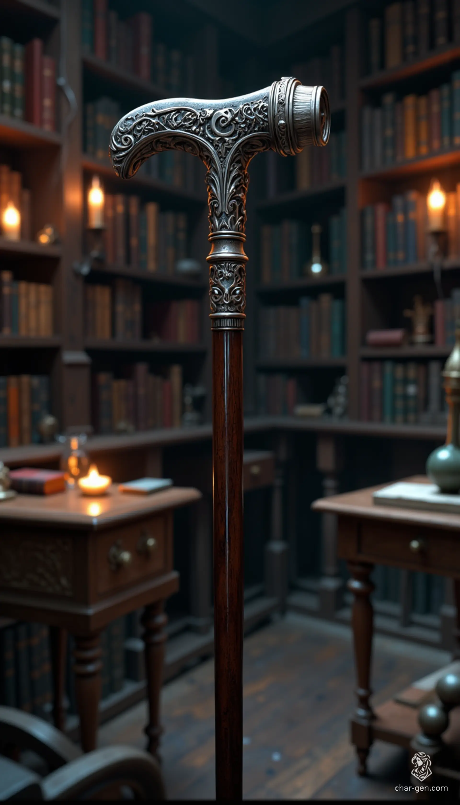 The Roditem is a masterfully crafted walking cane of polished ebony, standing 32 inches tall. Topped with a lustrous silver finial resembling a hammer, it exudes power. Engraved with a stylized capital "C," wielding this rod amplifies magical abilities, making the user a formidable presence in any realm.