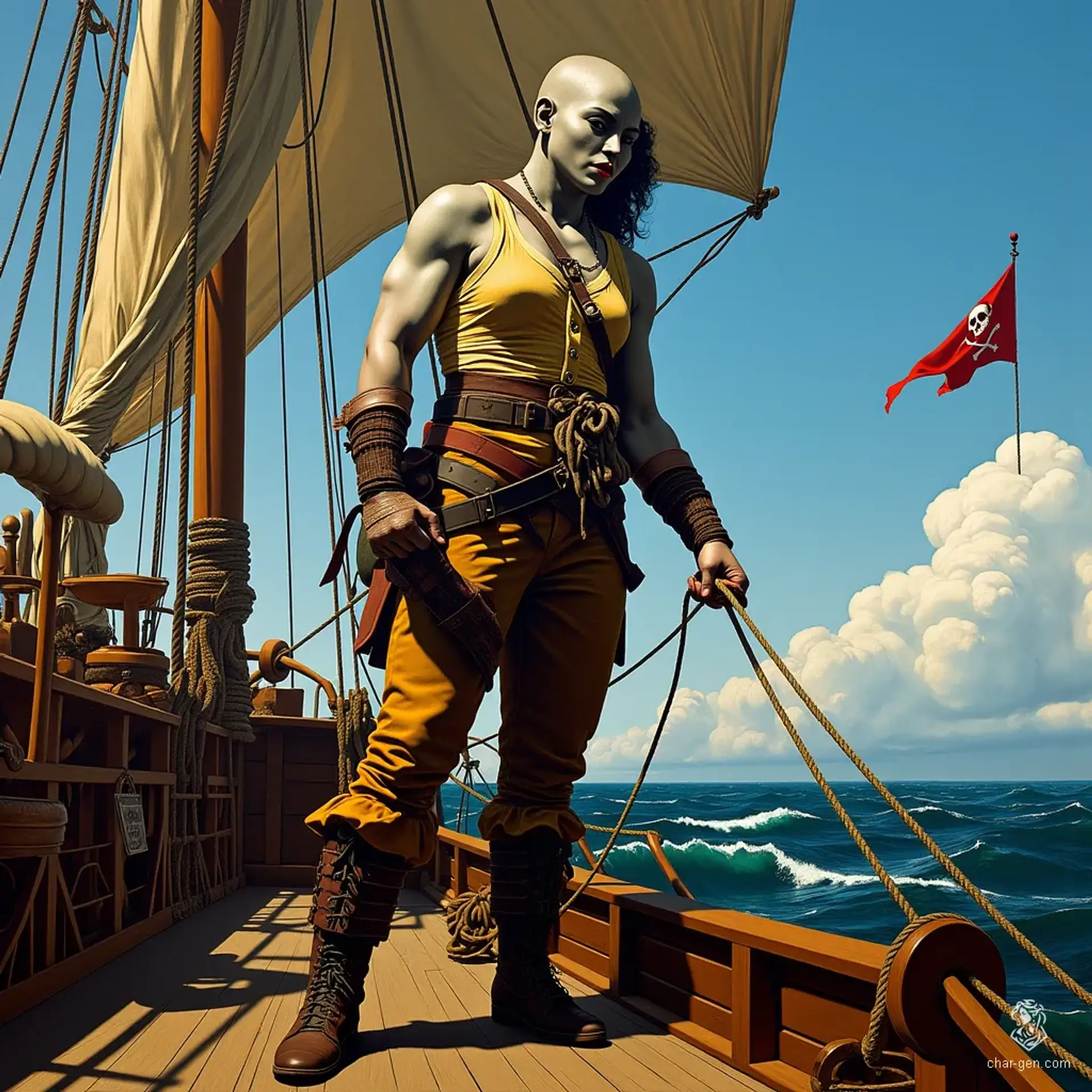 A fierce half-giant barbarian sailor, she commands the ship’s deck with her muscular build and bald head gleaming under the sun. Her olive skin and rugged features tell tales of battles against the wild sea, as she deftly maneuvers ropes and sails.