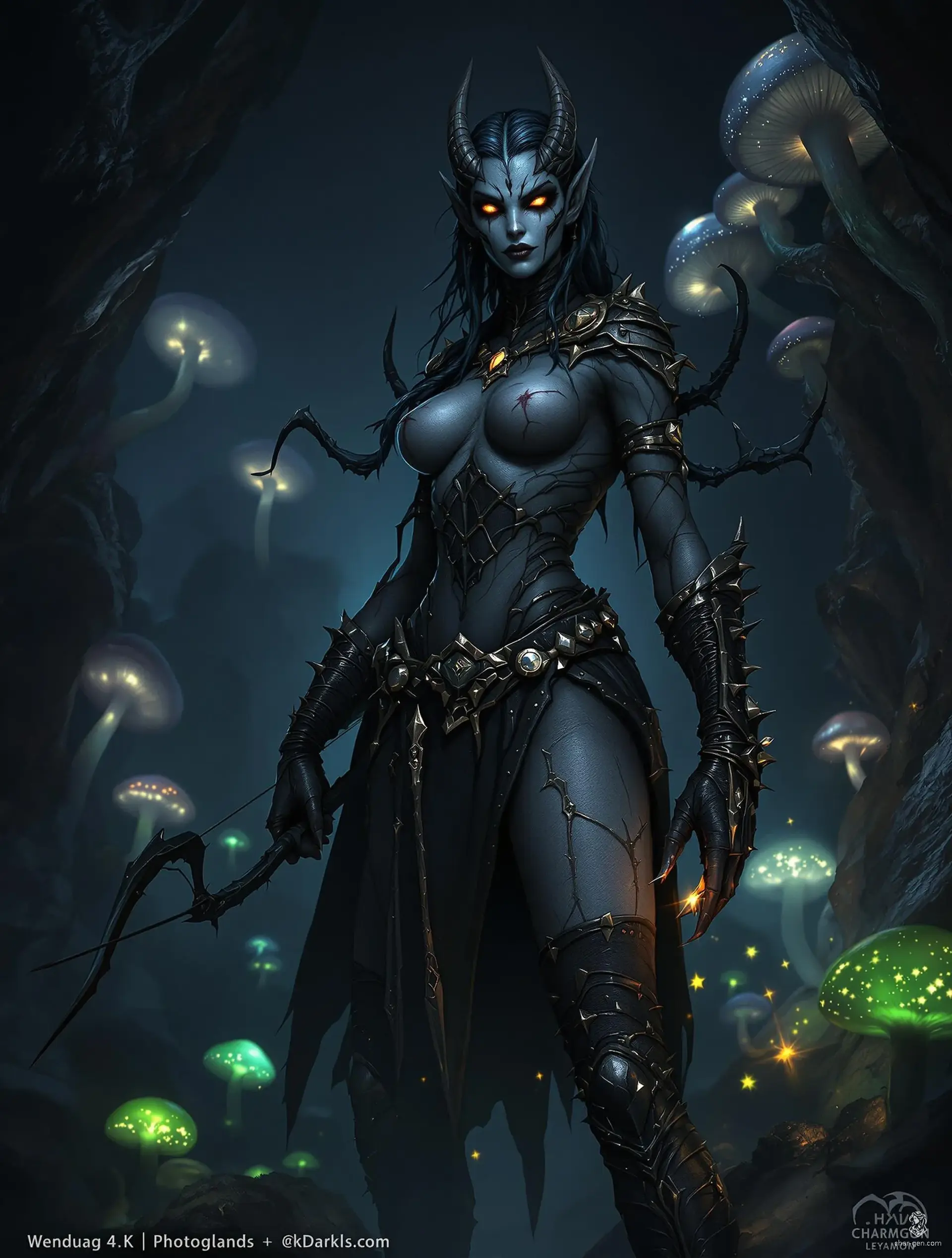 Wenduag is a strikingly unsettling figure, a female fighter with mongrel drow and demonic spider heritage. Her mottled blue-grey skin gleams with chitinous patterns, while sleek black spider legs extend from her back. Armed with a bow or spear, she stalks the underground forests, embodying both predator and prey, navigating a world of glowing mushrooms with ruthless grace.