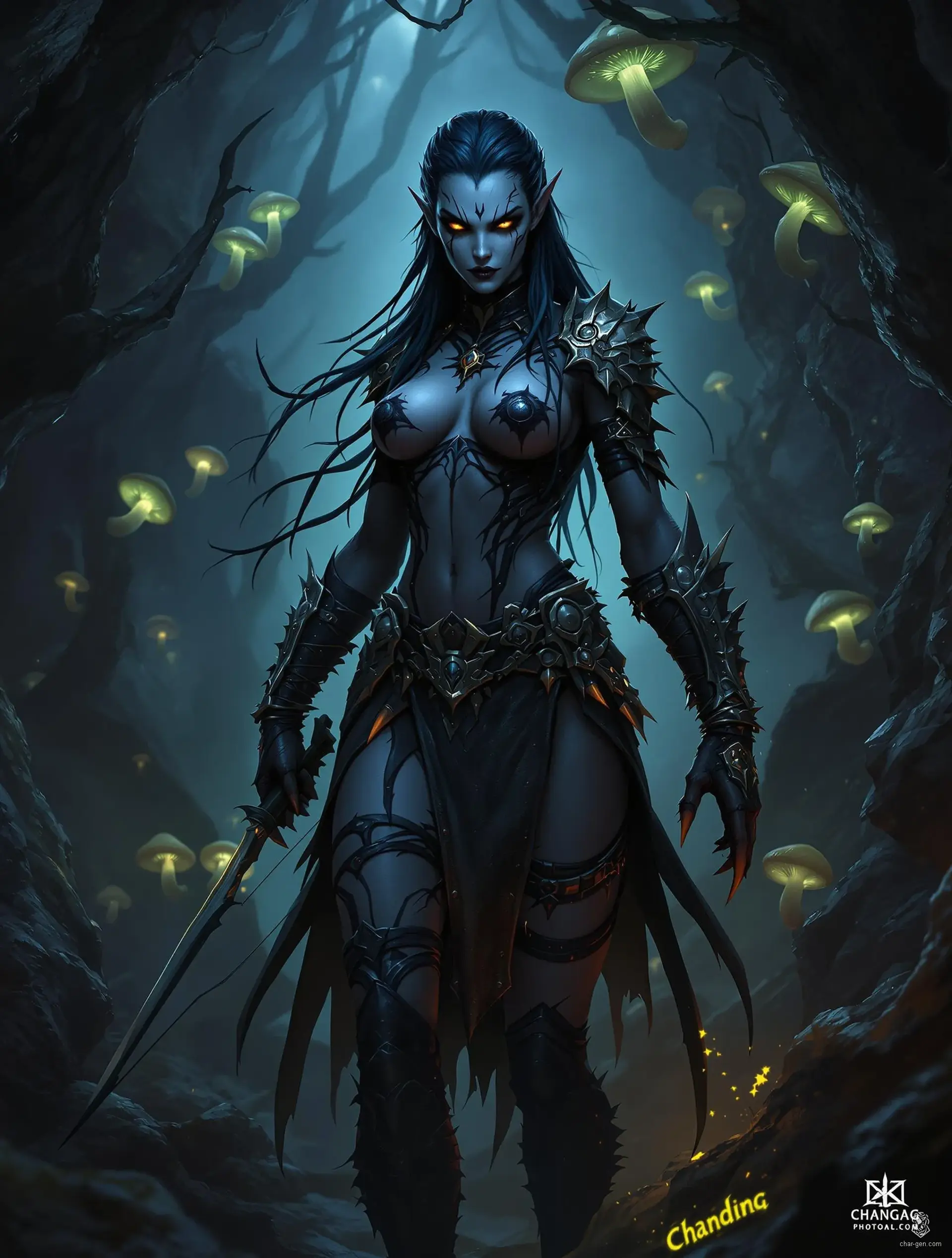 Wenduag is a chilling blend of mongrel, drow, and demonic spider kin. With sleek black spider legs sprouting from her back and mottled blue-gray skin, her golden eyes radiate danger. Clad in spiked leather armor, she embodies a ruthless hunter, navigating underground realms with stealth and deadly elegance.