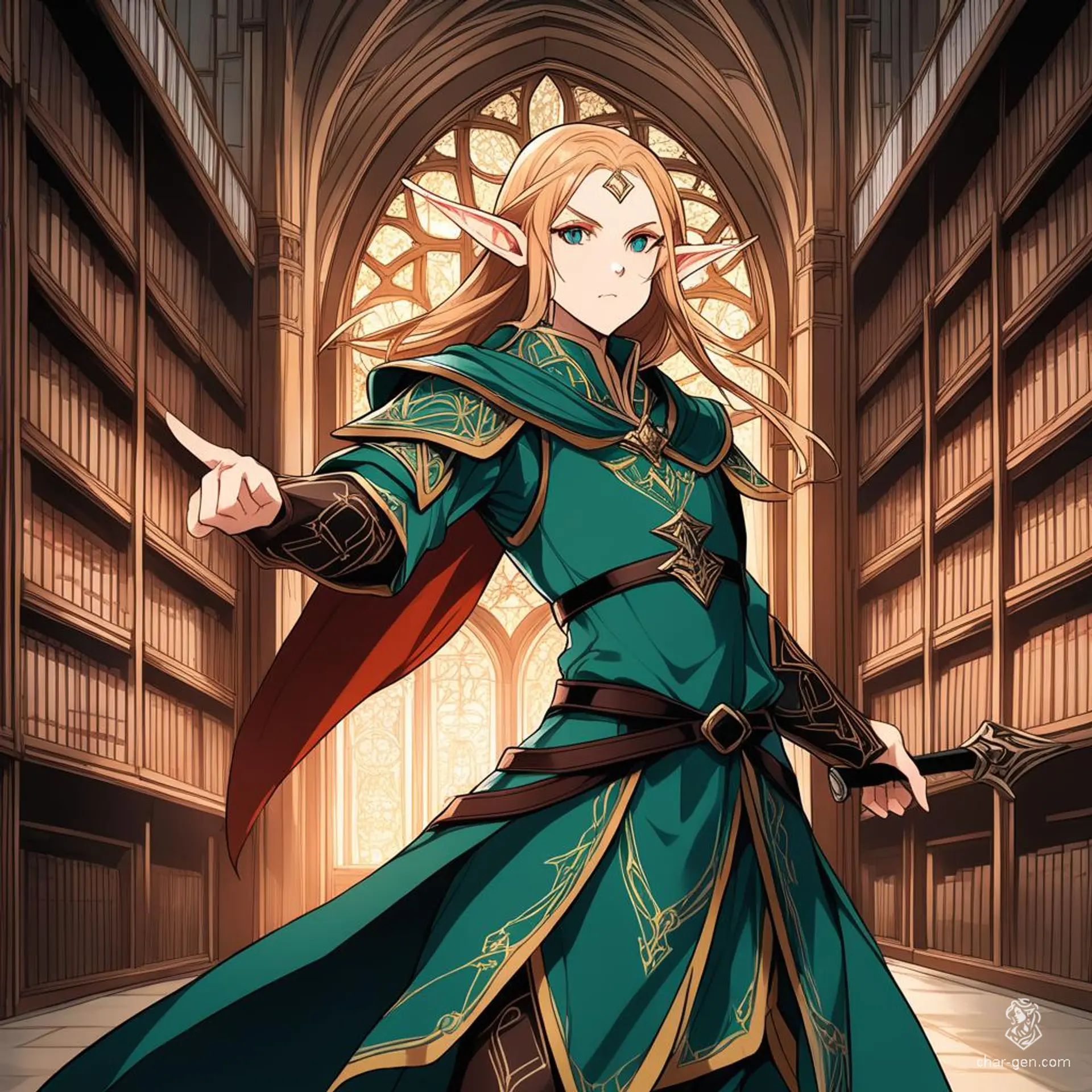 Varysia, a 25-year-old High Elf wizard, stands at 5'11" with pale skin and golden eyes that contrast with her jet-black hair. Wielding a quarterstaff and adorned with enchanted garments featuring arcane sigils, she is a sage driven by the pursuit of knowledge, often speaking without thinking, unintentionally insulting others.