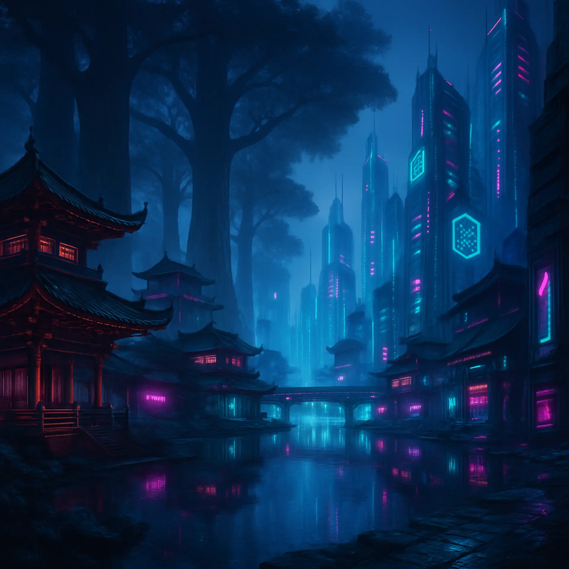 Amidst colossal trees, glowing neon skyscrapers and ancient Chinese temples rise, blending tradition with futuristic decay. Mist drifts over a bottomless crystal lake, while suspended bridges and holographic lights weave through this eerie cyberpunk forest, casting a mysterious, apocalyptic glow.