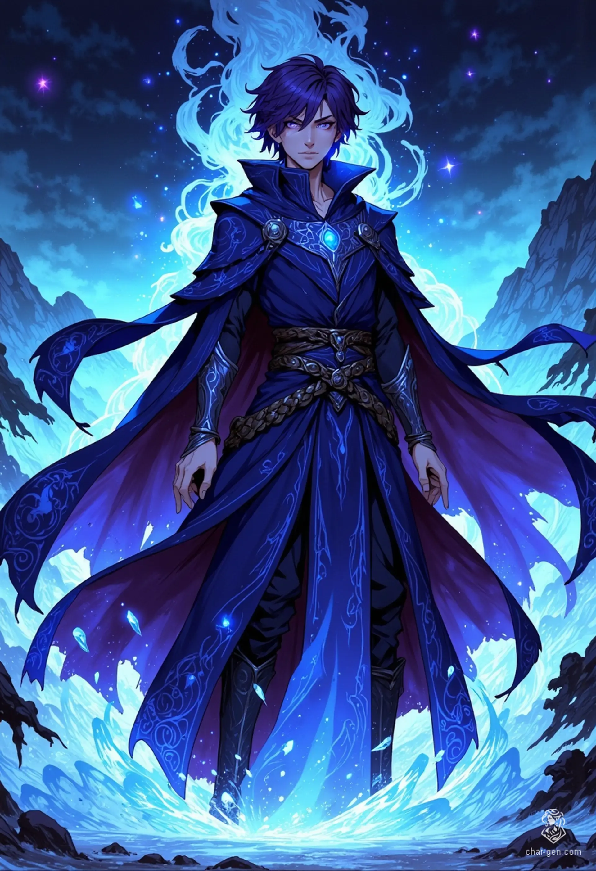 In a magical realm, a slender male sorcerer stands poised in an icy field, his dark blue robe billowing in the frigid wind. With glowing violet eyes and short, dark purple hair, he channels elemental magic, lightning crackling from his outstretched hands, embodying both beauty and power.