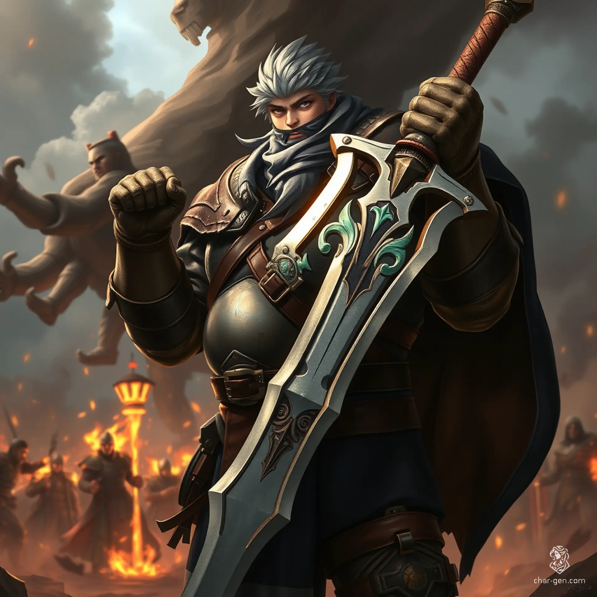 Sig Curtis stands at two meters tall, robust and battle-worn, exuding strength. Clad in half armor, his gloomy yet determined expression hints at past struggles. Wielding a beautifully inlaid great sword, he is shrouded in shadow, ready to face any challenge amid a fierce battle backdrop.