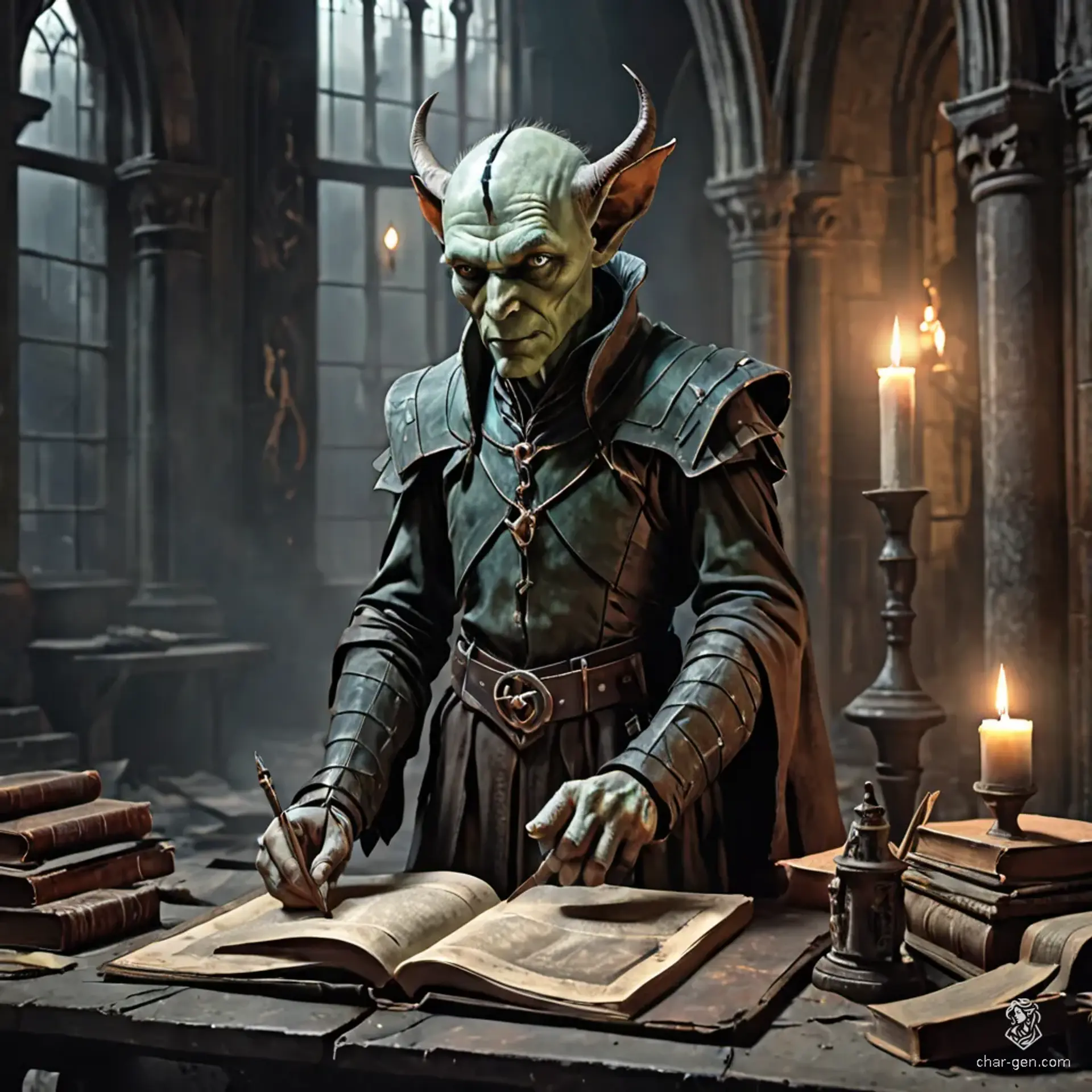 The eerie figure of a middle-aged male monk, his greying hair and worn skin tell tales of dark rituals. Surrounded by spellbooks and grimoires in a dimly lit study, this malevolent changeling scribes incantations, his pale face and ambiguous features casting an unsettling shadow over ancient parchments.