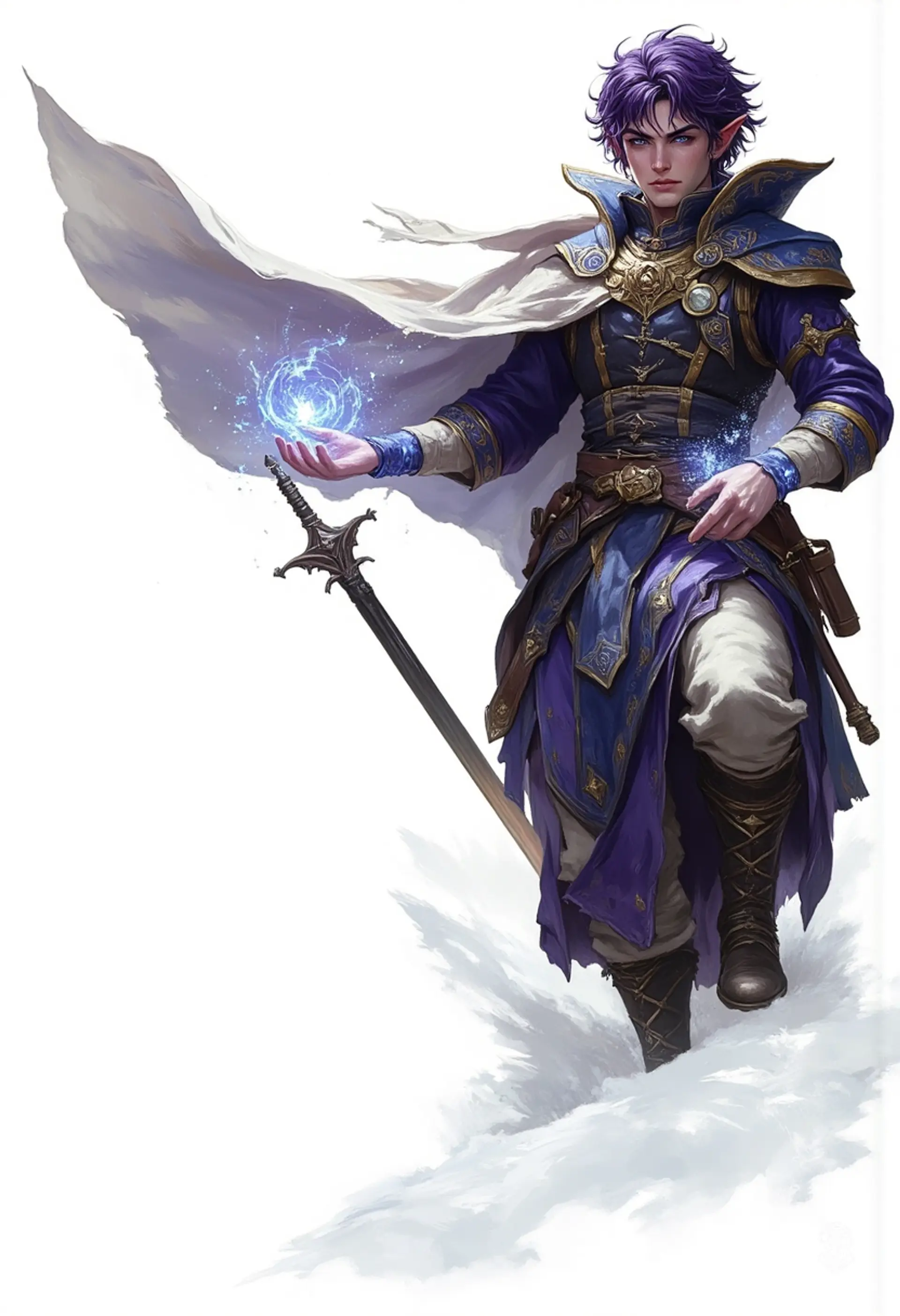 In a luminous, painterly world, a striking male figure stands amidst an icy field, draped in a dark blue robe. His glowing violet eyes and short, dark purple hair catch the wind, while ethereal magic swirls from his beautifully detailed hands, embodying both elegance and mystique.