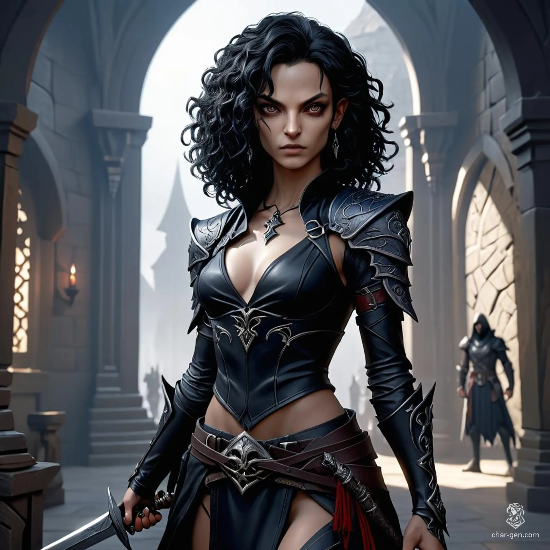 Raven-haired, obsidian-eyed, and white-skinned, this shadow-kissed Shadar-kai assassin is a tattooed rogue with a stealthy look. Light-footed and clad in dark clothing, she wields concealed daggers, lurking in the shadows with dangerous precision.