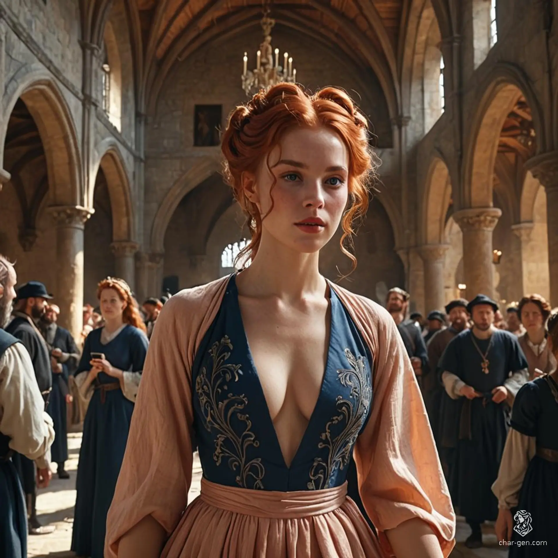 A seductive, busty spy with wavy red hair in a loose bun and striking blue eyes, dressed in cobalt and peach servant attire. Her fair skin contrasts sharply with her vibrant hair. She blends into crowds, eavesdropping and carrying secret messages.