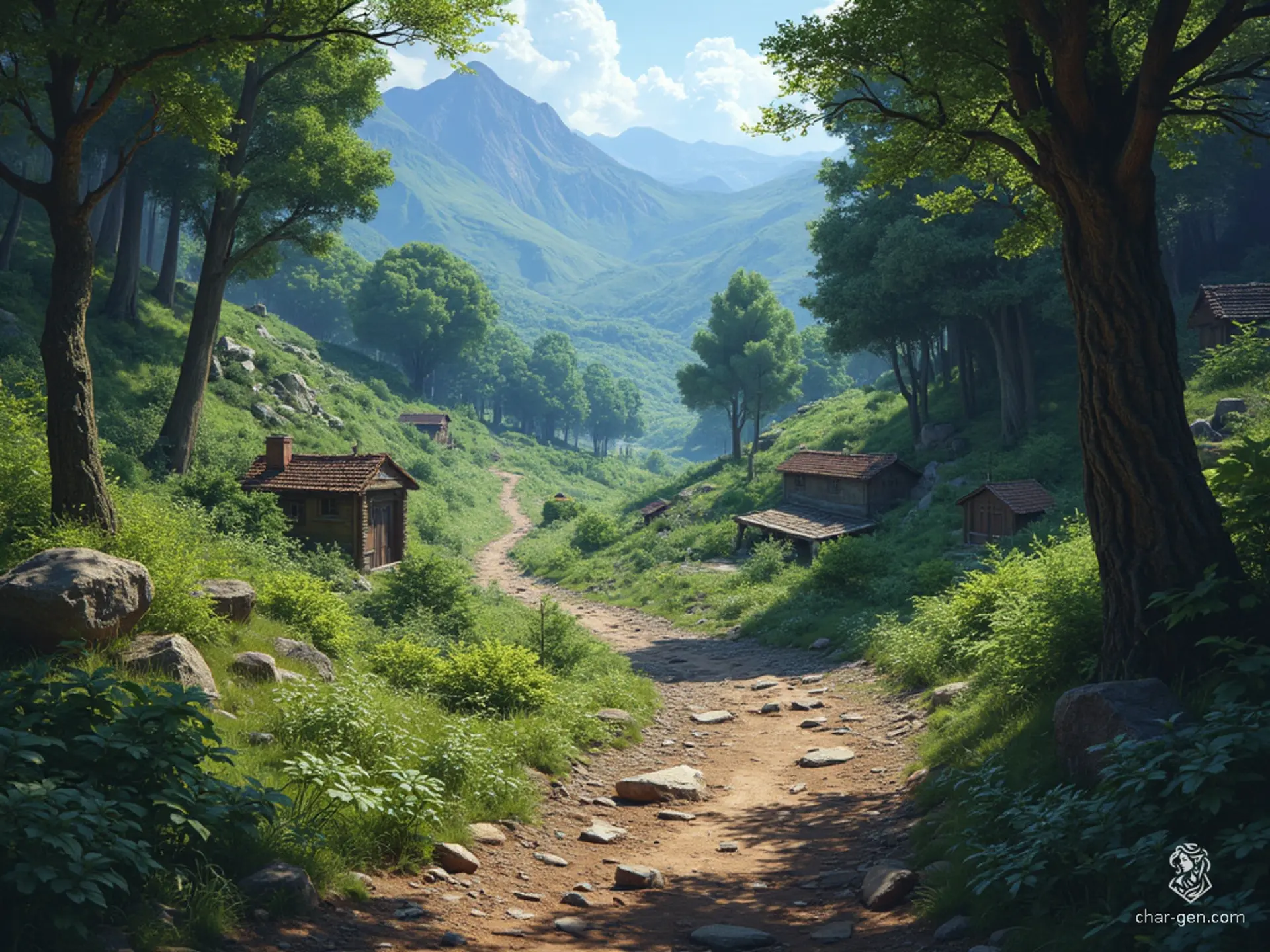Embark on a rugged, winding path through enchanting wilderness, connecting Neverwinter to Phandalin. Dense forests sequester the trail, flanked by rolling hills and sporadic ambush sites. Hyperrealistic and richly detailed, this captivating landscape pulses with untamed allure and perilous beauty.