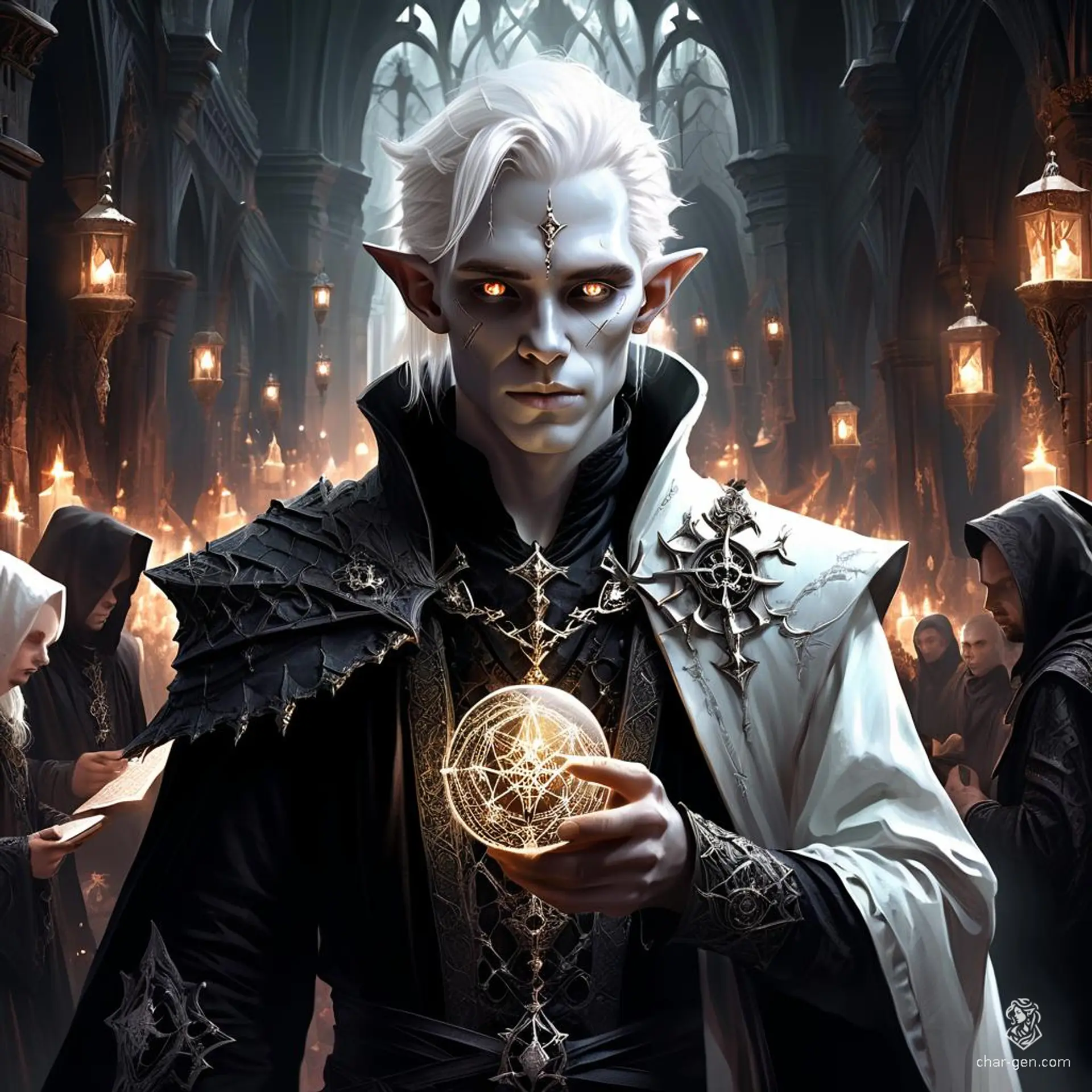 Changeling is a pale, white-skinned sorcerer with colorless eyes and bright white hair. Gifted in arcane magic, he works as a spy, often in disguise, blending into crowds, eavesdropping, and carrying secret messages while emanating an aura of enchantment.