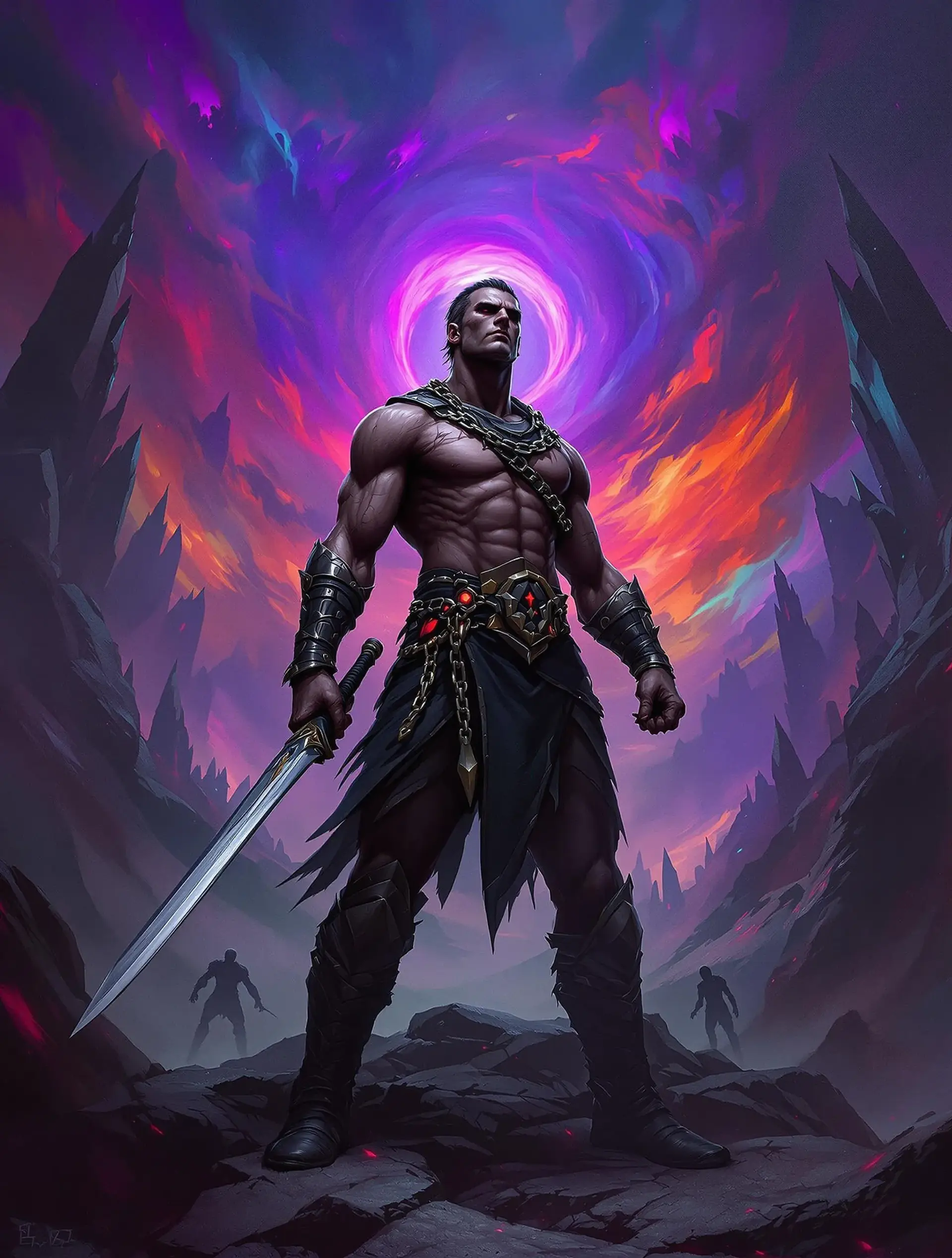 A lean, deadly executioner clad in black leather armor etched with glowing purple runes, draped in a blood-stained red cloak. With pale skin, jet-black hair, and glowing demonic eyes, they wield a shimmering bastard sword and curved sickle, moving with sadistic calm through a neon-lit, dystopian abyss haunted by demonic shadows.