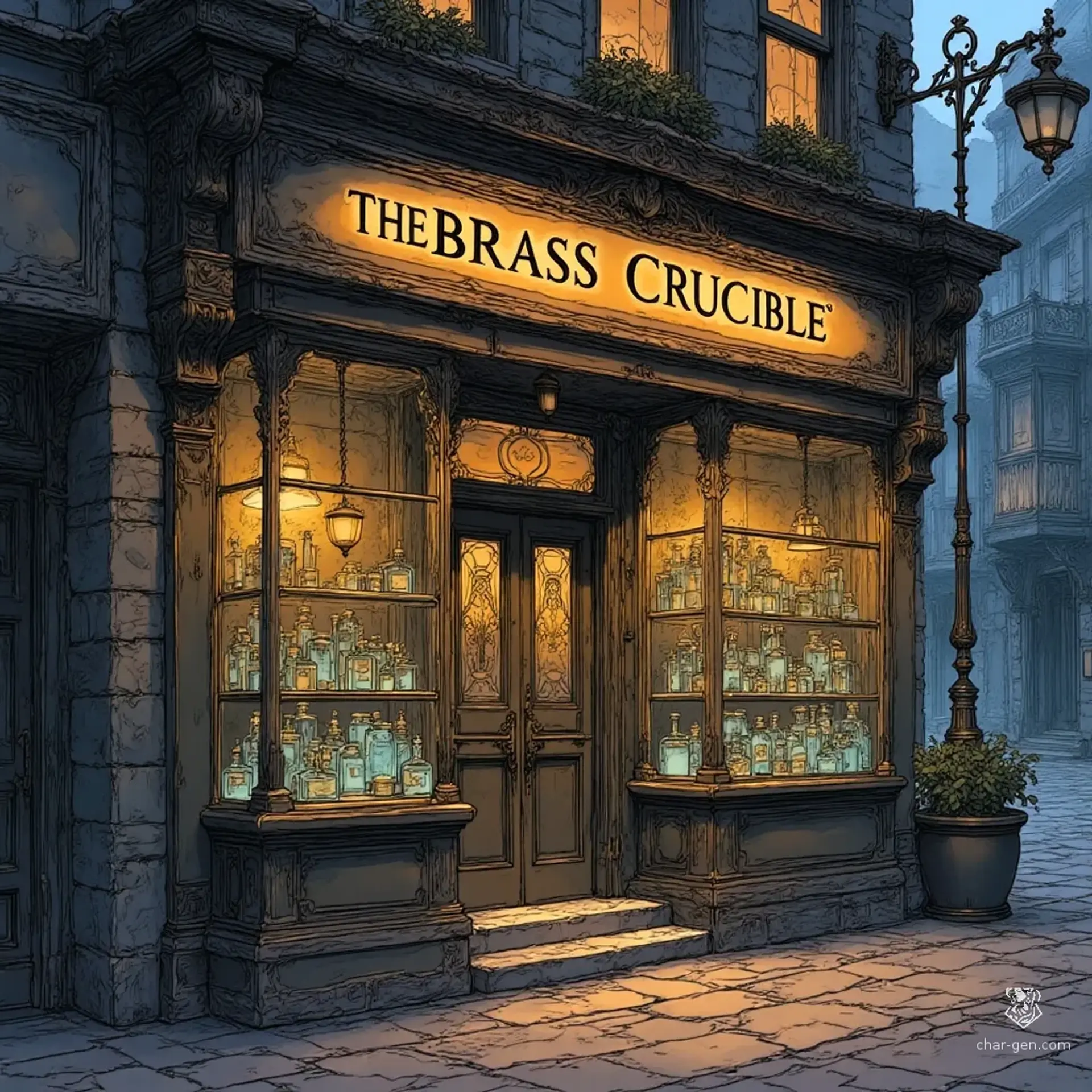 The Brass Crucible - AI-generated fantasy Shop
