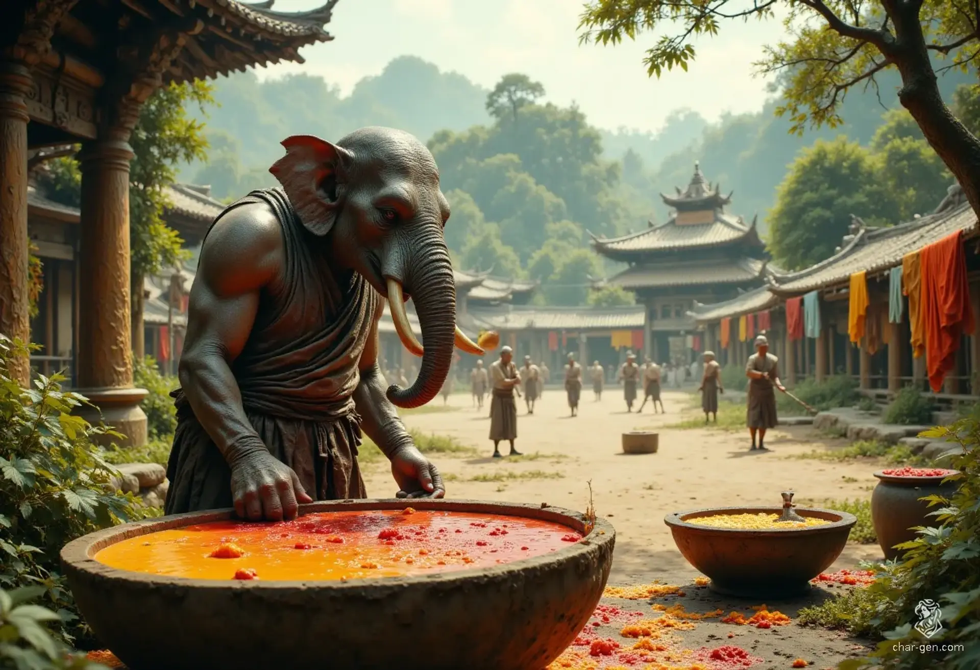 A young male Loxodon monk radiates calm as he dyes vibrant fabrics in a sunlit Shaolin-style courtyard nestled within a lush tropical jungle. Surrounded by diverse monks—human, Tabaxi, Hadozee—he moves with fluid grace, blending tradition, artistry, and serene discipline.