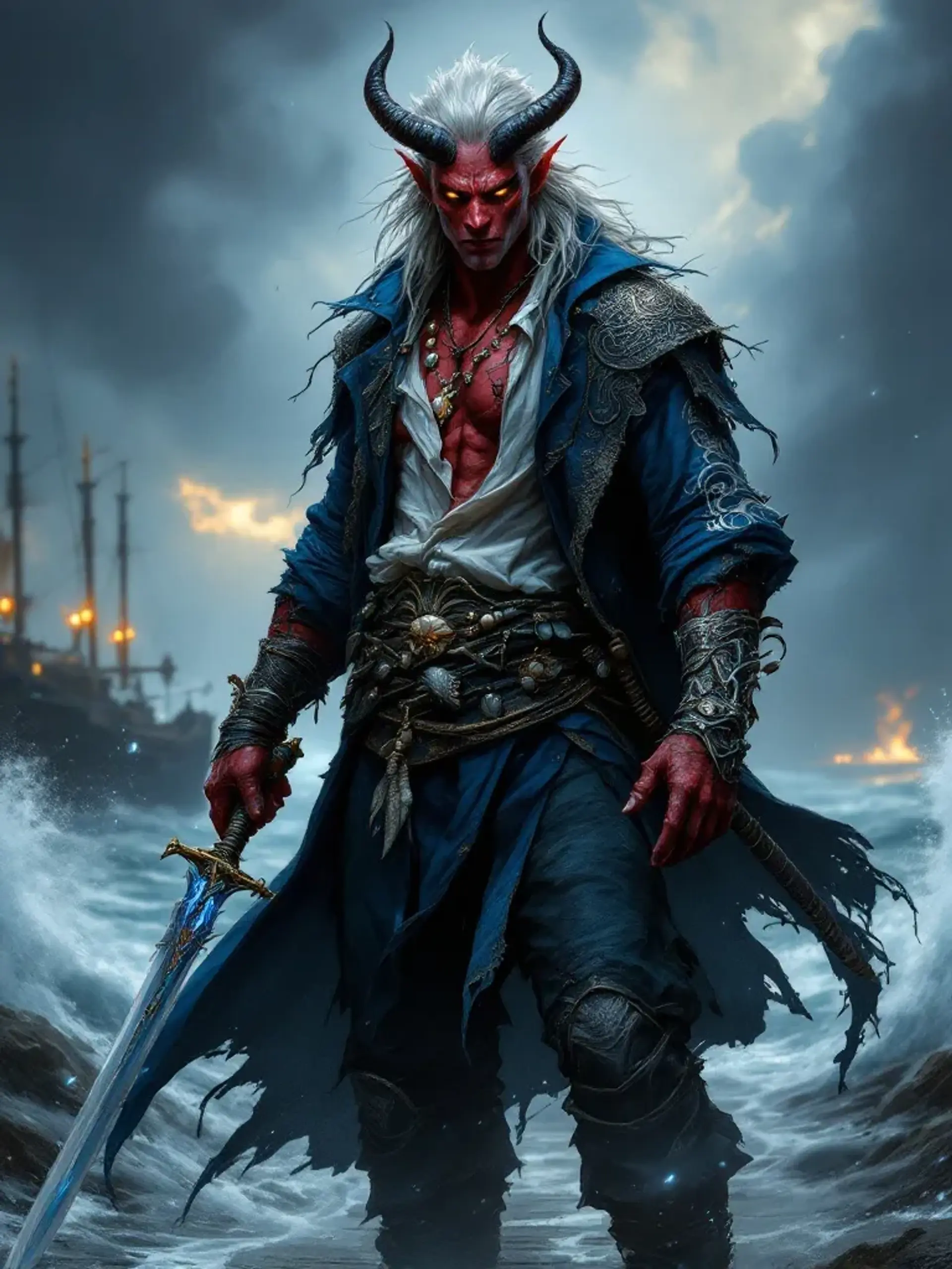 Kael Driftrazor is a striking Tiefling cleric of Besmara, blending pirate grit with divine storm magic. A wiry bounty hunter with crimson skin, obsidian horns, and glowing gold eyes, he wields a kraken-etched rapier, channels sea-born magic, and moves with restless, chaotic freedom.