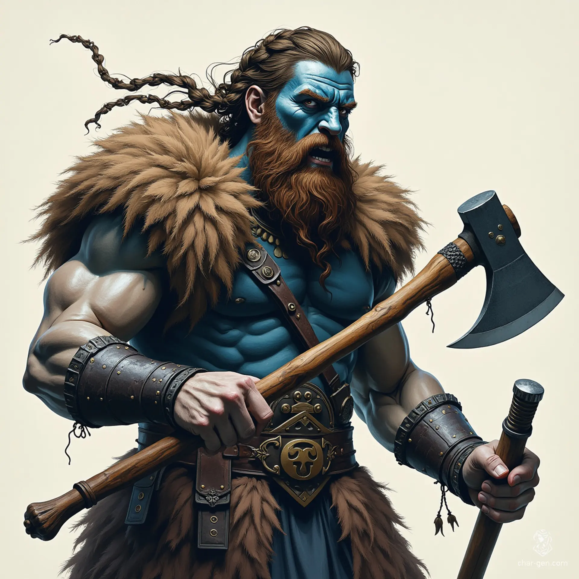A wild and rugged male Viking barbarian, depicted in a dark fantasy, 70s hand-drawn book illustration style. He has braided hair and a beard, blue warrior face paint, wears a bear pelt, and wields an axe, captured mid-battlecry.
