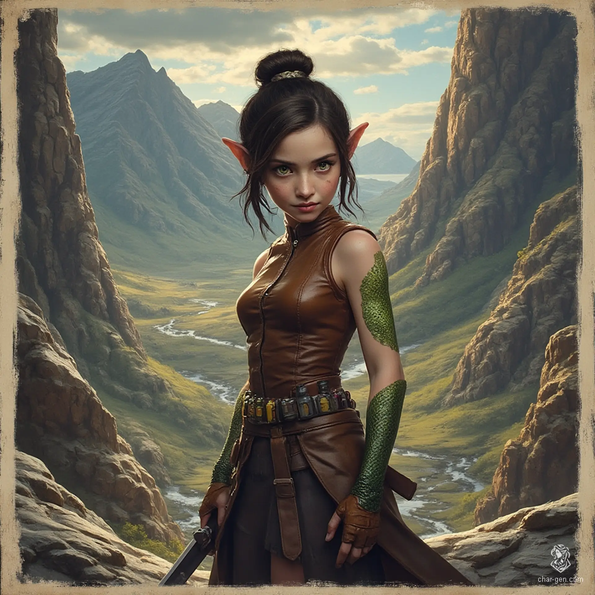 Izzy, the newly emancipated halfling assassin, is a perky yet deadly crossbow specialist. Standing at 1.5 meters, she possesses an alluring figure and snake-like yellow-green eyes. Adorned in a tight brown leather tunic, her shimmering green scales hint at her dangerous nature. With concealed daggers at the ready, she embodies stealth and cunning in her thrilling pursuit of prey.