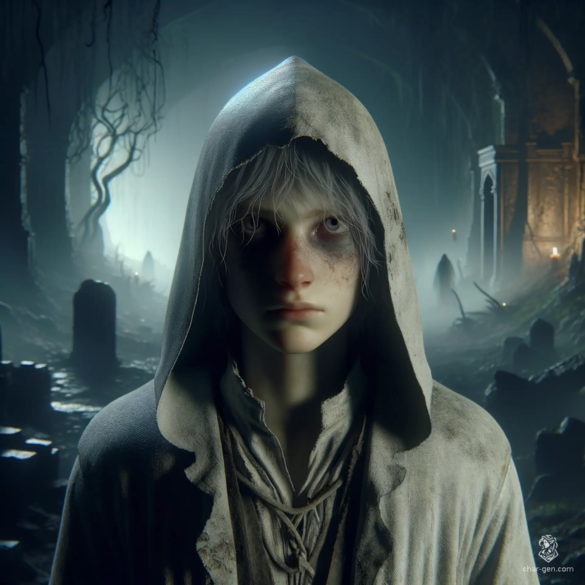 A young, fluid-gender human of 12 years with distinct pale skin contrasts sharply against their dark, concealed hair. Very skinny and clad in simple, dirty white clothes, they keep their hood up, hiding much of their face.