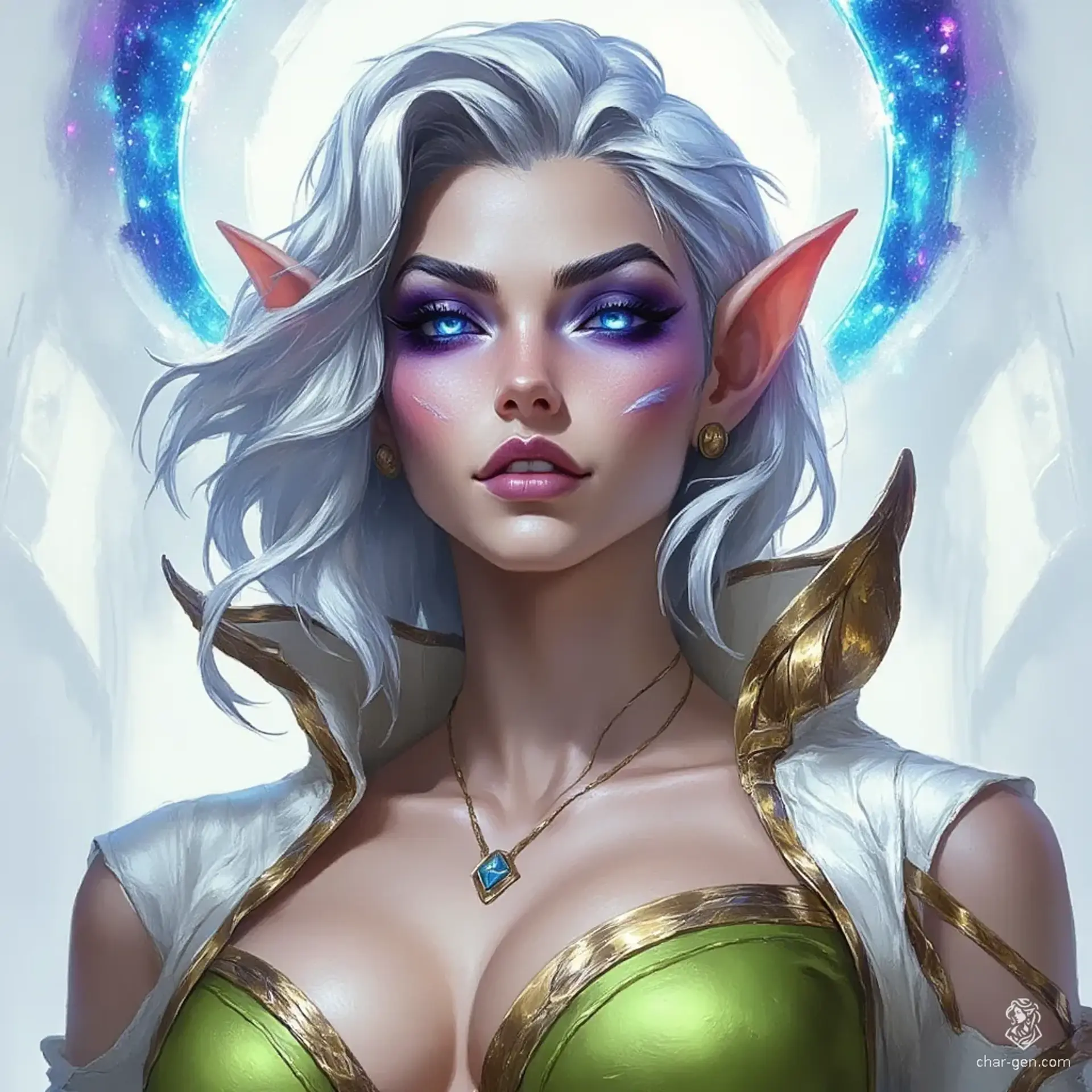 A strikingly attractive middle-aged elf, she has sharp features framed by a wavy light grey bob, accented by small gold hoop earrings. Her striking blue eyes are filled with concern, emphasized by white cheek markings, as she dons a green off-shoulder tunic draped with white and gold cloth.