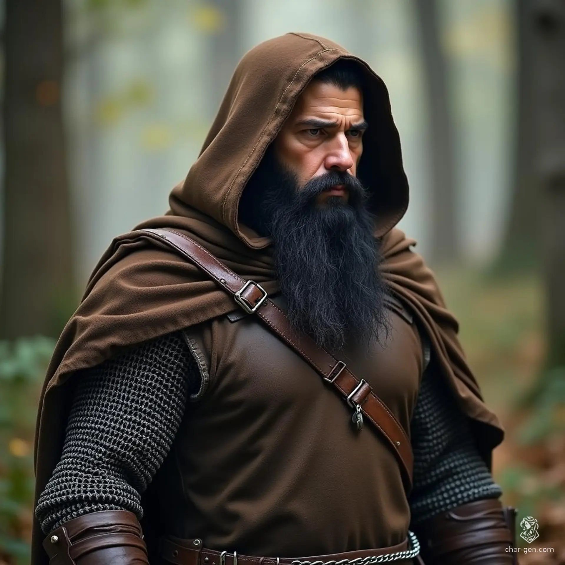 Balin Ironfoot, a skilled male dwarf hunter, stands resolute in the heart of an ancient forest. Clad in chainmail armor beneath a weathered brown cloak and hood, his striking black hair and beard frame a tan face hardened by years of wilderness survival, waiting to capture his next quarry.