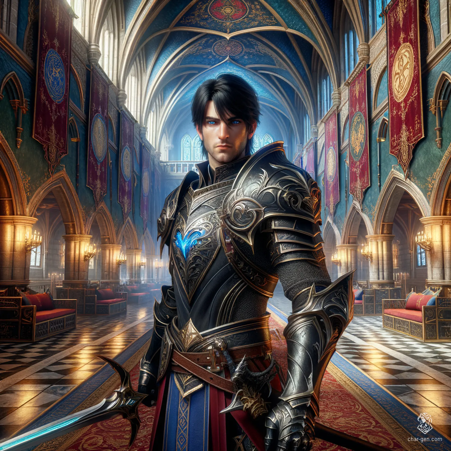 Dorian is a 21-year-old noble-human battlemaster and sorcerer, standing 6'1" with a medium build. He wields a longsword and shield, dressed in enchanted garments. Dorian has pale skin, ice-blue eyes, and black hair. Known for his intelligence, charm, and magical aura, he possesses unpredictable eldritch powers.