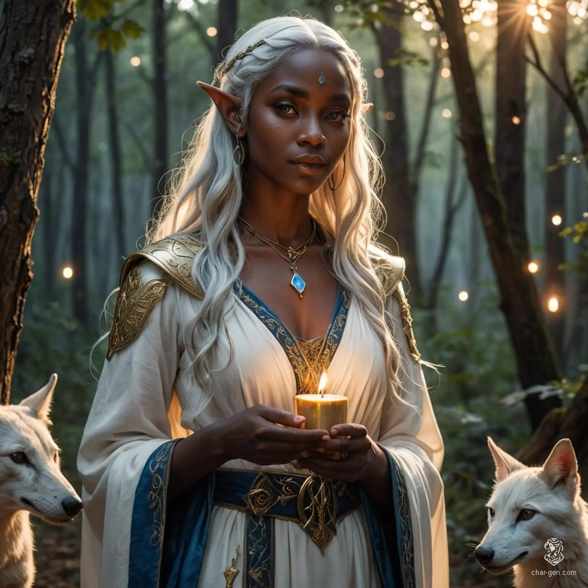 A serene, female elf druid cloaked in earthy elements, with dark black skin, long flowing white hair, and captivating blue eyes, dwells in a dark forest. Her companions are animals of the night, guided by moonlight and stars, in devotion to the moon goddess.