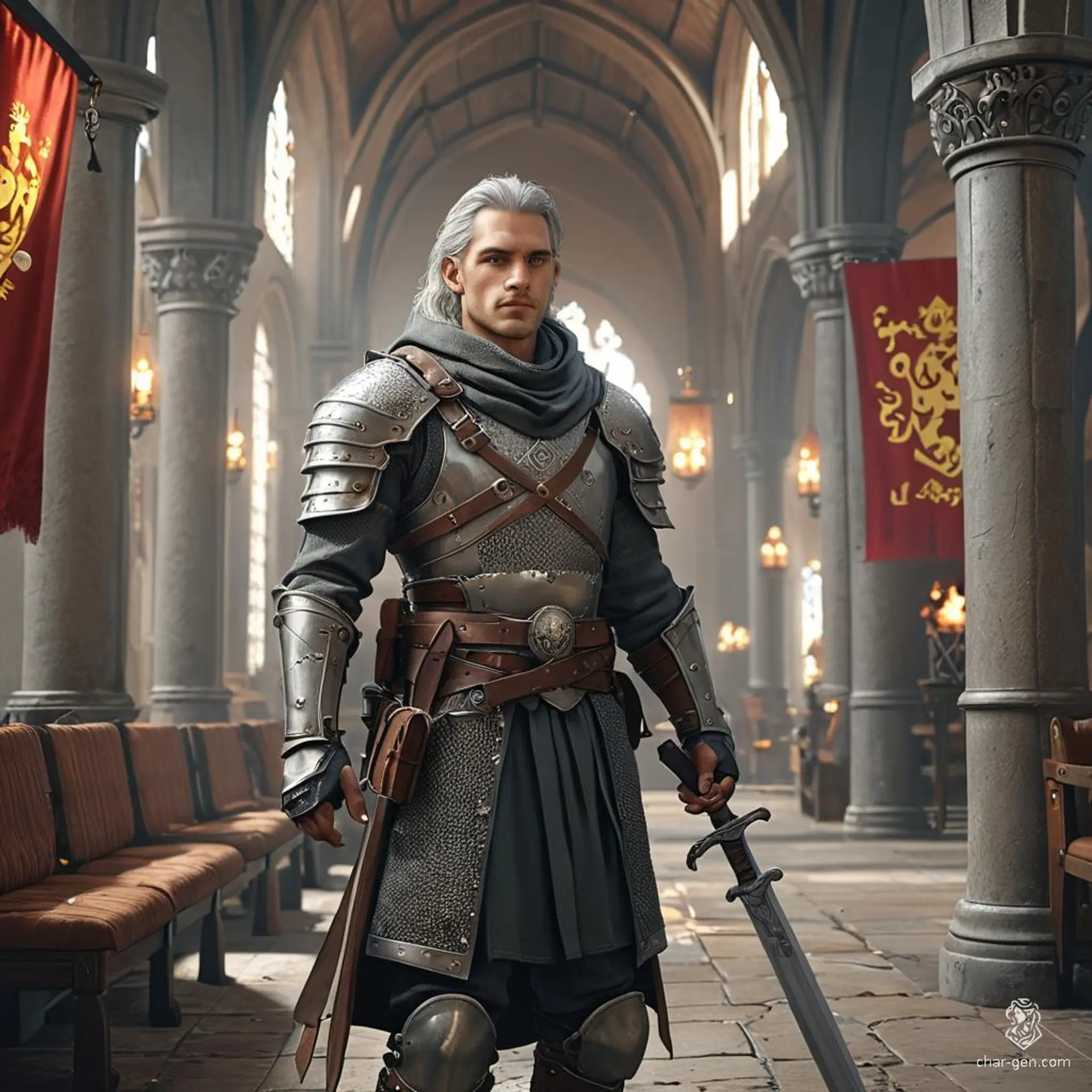 A confident male fighter, with light skin and soft smoky gray hair, stands vigilant in chainmail. Armed with various weapons, he dutifully guards gates or patrols the streets, ensuring safety with unwavering vigilance.