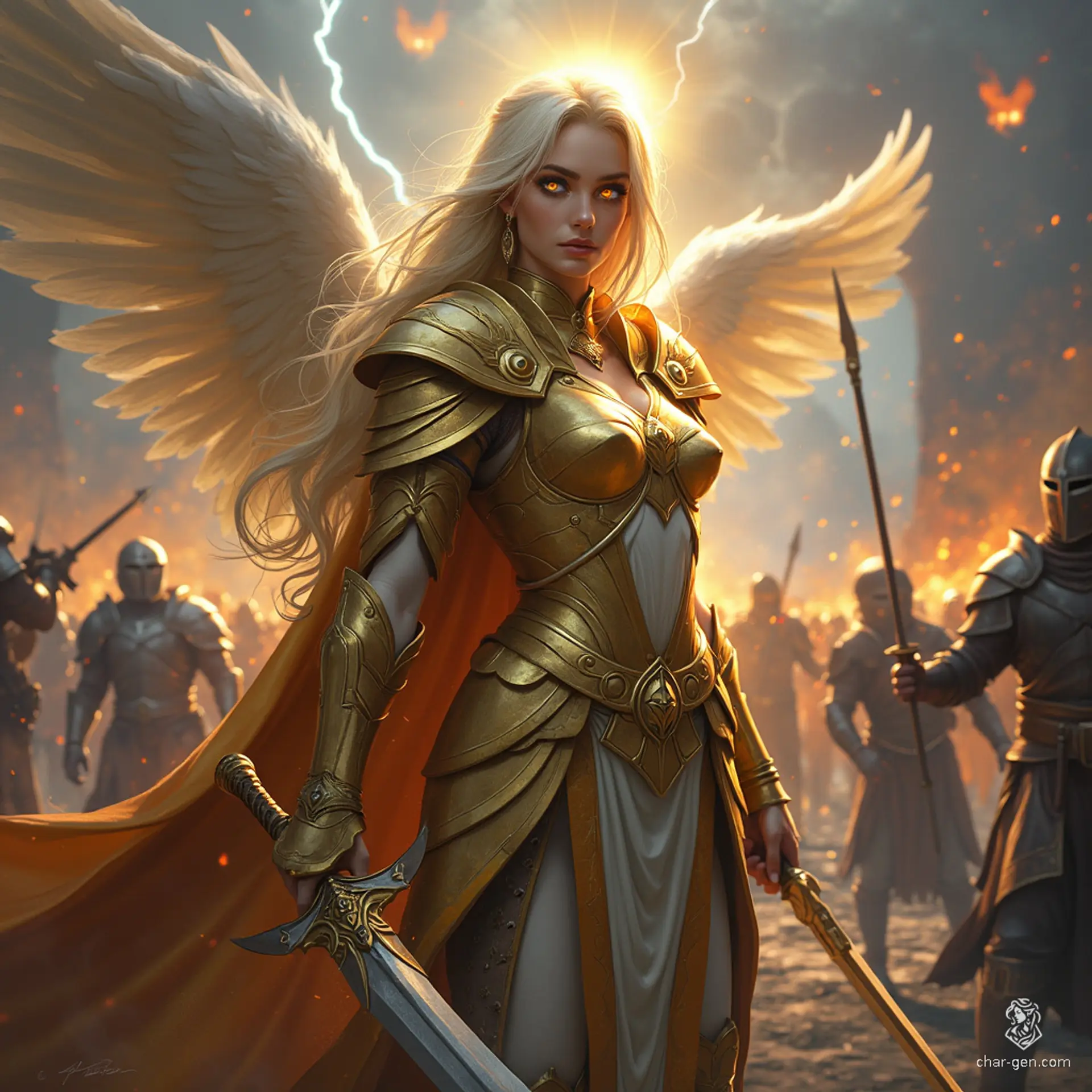 A one-year-old female aasimar cleric with unusual colored eyes, a subtle angelic glow, and a serene demeanor. Dressed in golden armor, she wields a prominent holy symbol. Her appearance radiates divine presence.