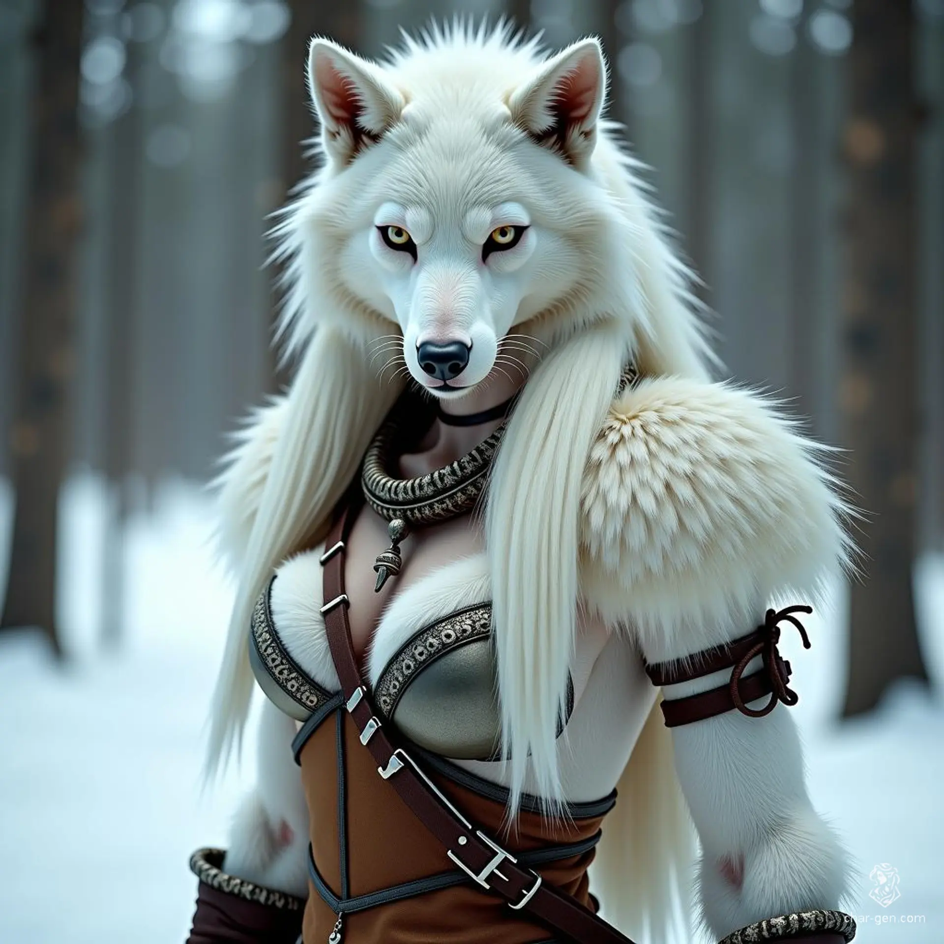 Luna, the white werewolf warrior, embodies wild elegance with her furry white skin and flowing white hair. Her wolf-woman hybrid visage reveals fierce instincts, while her slender frame, clad in barbarian garb, showcases her agile strength, ready to defend her realm with primal ferocity.