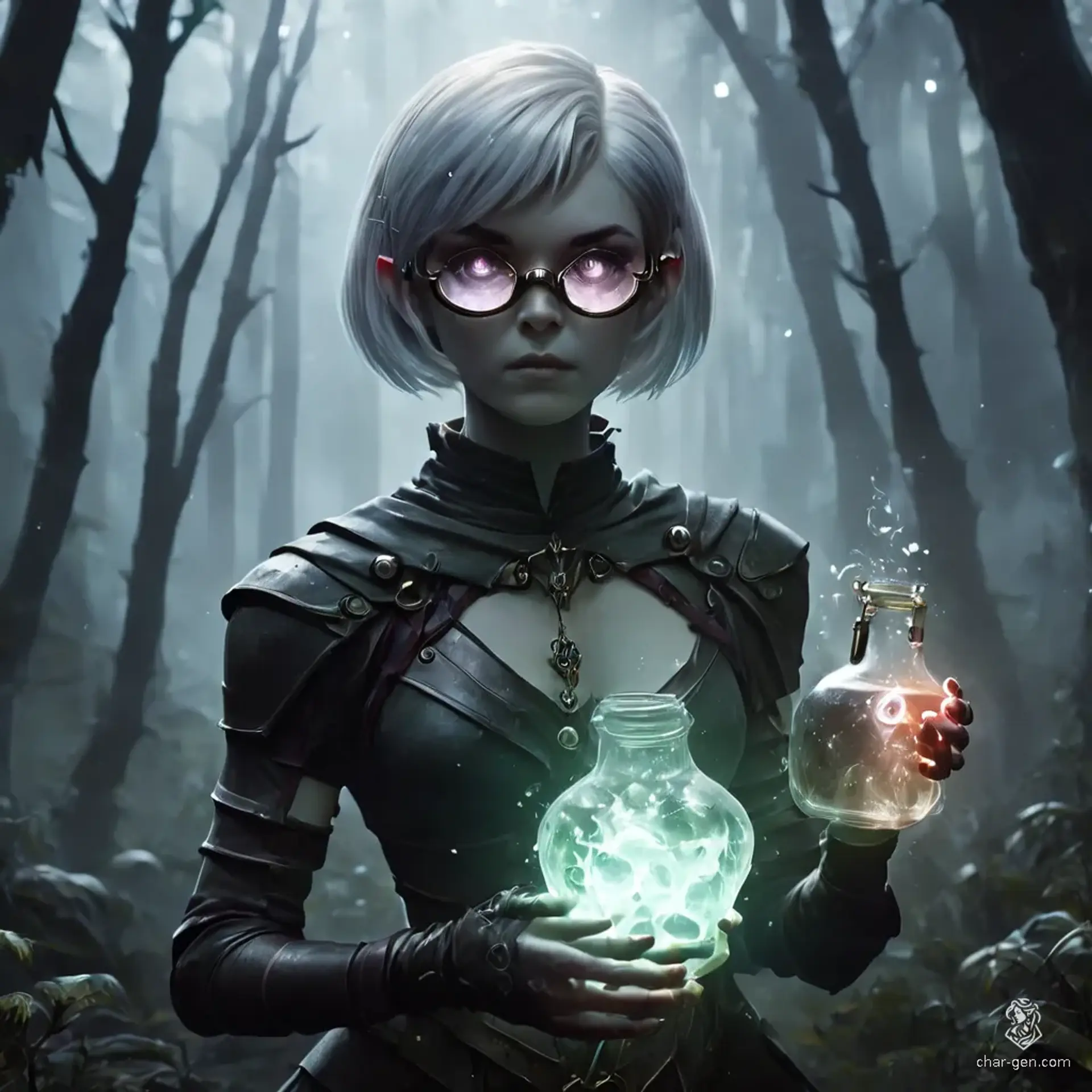 A young female warlock with a pale complexion and a pixie cut exudes an aura of magic as she works diligently as an alchemist. Surrounded by bubbling vials and adorned with protective goggles, arcane sigils dance around her, hinting at her hexblood heritage and mastery of the mystical arts.