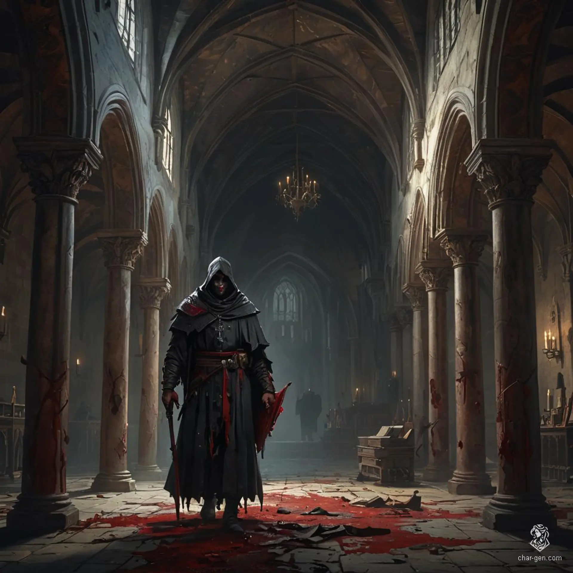 Acolyte: A young cleric in plain robes, bearing religious texts and a prominent holy symbol. Their skin, conspicuously bloodied and raw, starkly contrasts their humble demeanor, adding an unsettling presence to their holy mission.