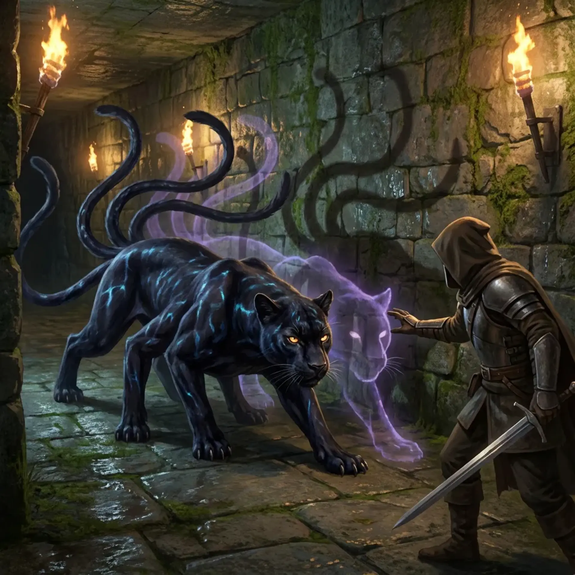 A lithe, pantherlike predator with midnight fur that shimmers into false shadows; six long, jointed tentacles sprout from its shoulders, each tipped with suction pads. Its eyes glow brass, maw lined with needle teeth, and its footsteps seem to slip a heartbeat to one side.