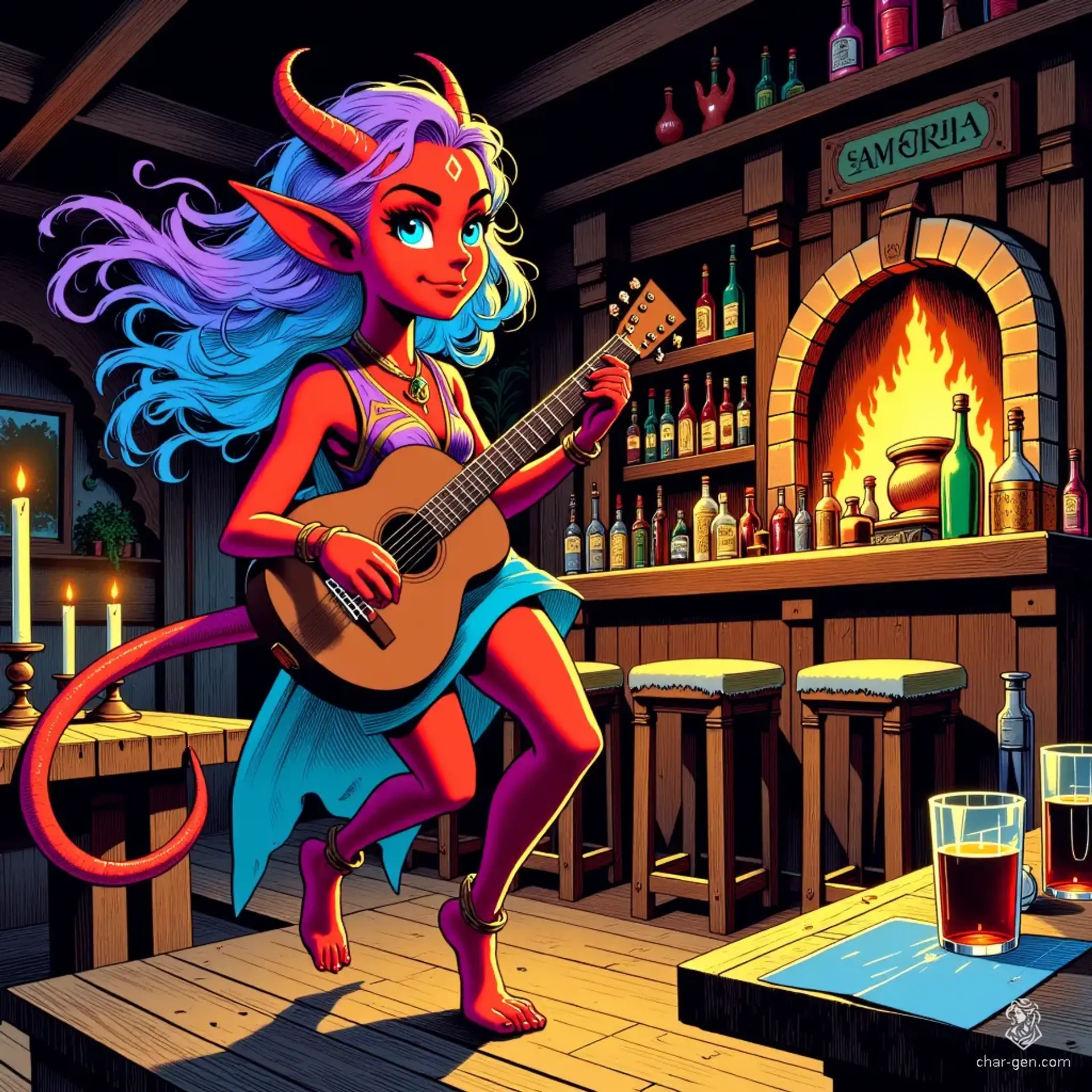 A vibrant tiefling bard with striking red skin and enchanting multicolored hair dances on stage, her expressive gestures captivating the crowd. Adorned in a brightly colored dress, she plays a magical lute, her sinuous tail swaying behind her as she mesmerizes her audience.