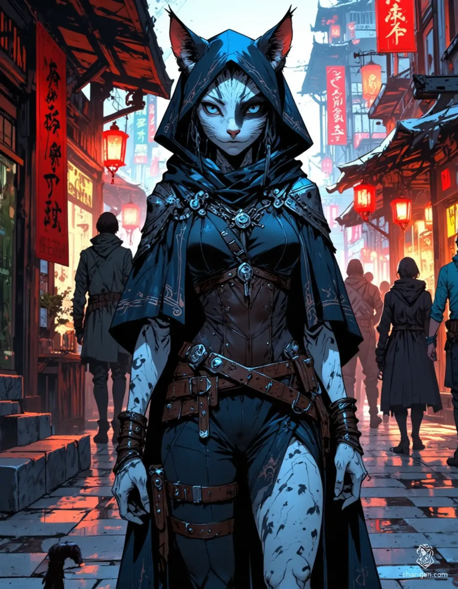 Meet Blink, a lithe 20-year-old tabaxi with striking dark blue and white fur, ice-blue eyes, and a proud fluffy tail. Draped in a dark blue oilskin cape and 3/4 length britches, she stands poised in a bustling market square, ready to pounce on her next target. 