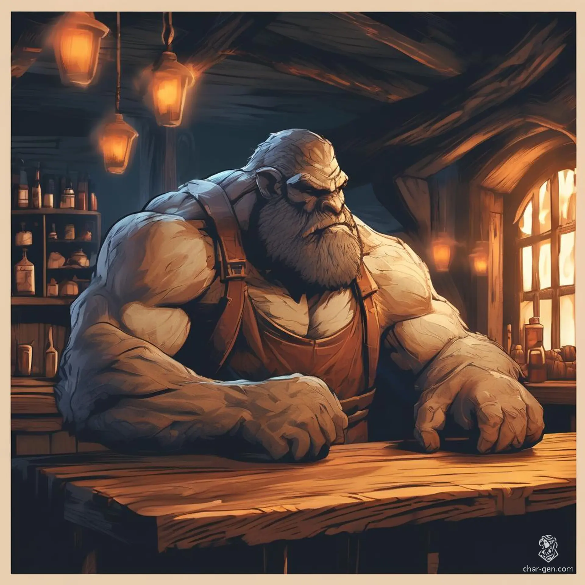 A towering half-giant bard with grey, medium-textured skin, curly long hair, and a beard. He has brown eyes and tattoos on muscular arms. Swathed in a dirty apron over a leather suit, he's a baker, surrounded by ovens and loaves, often covered in flour, exuding a warm, inviting scent while wielding a magical instrument.