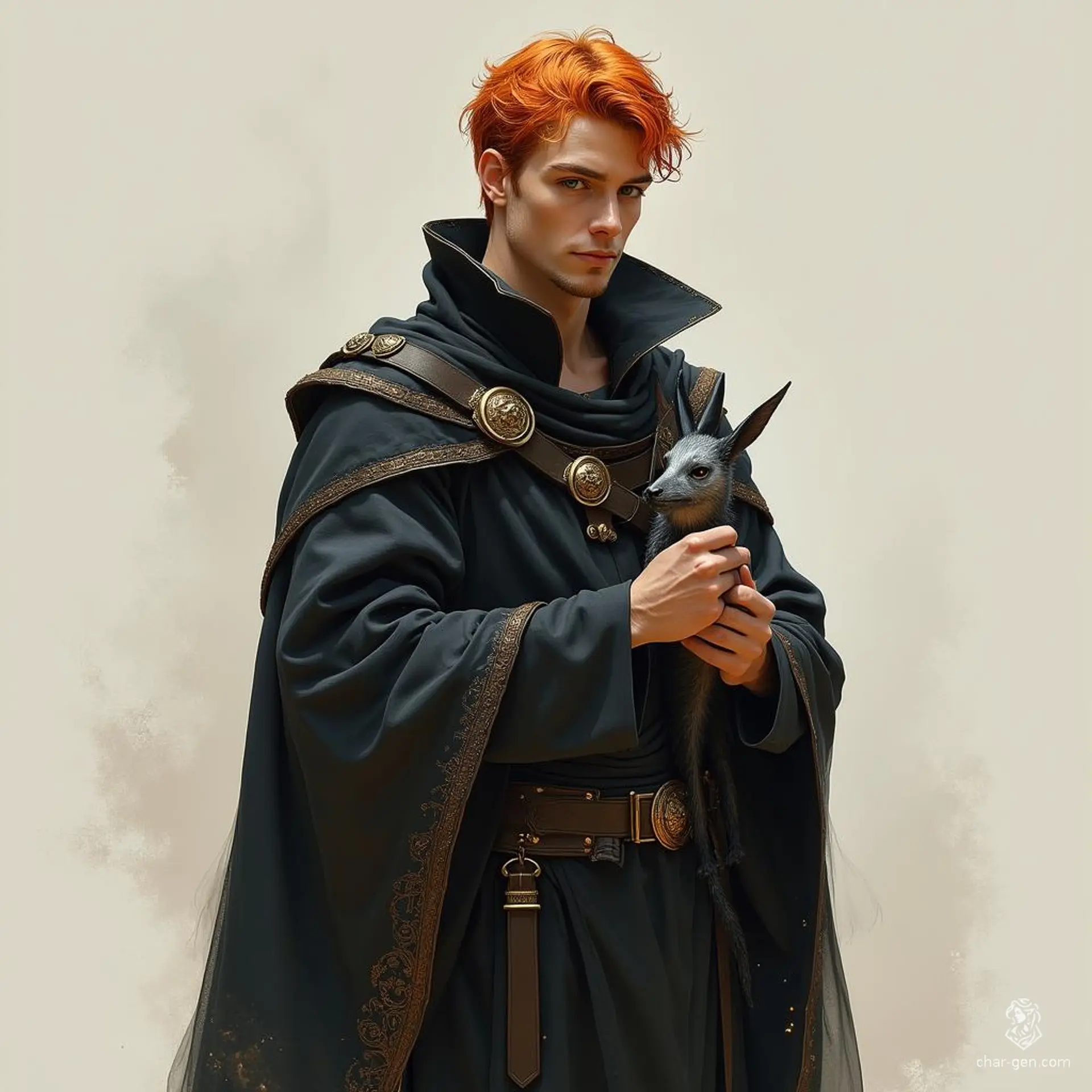 This charming male human warlock boasts short orange hair and wears a simple black robe. His gentle smile invites connection, while his small quasit familiar perches nearby, hinting at the untamed magic that lies within him. Art by Eve Ventrue.