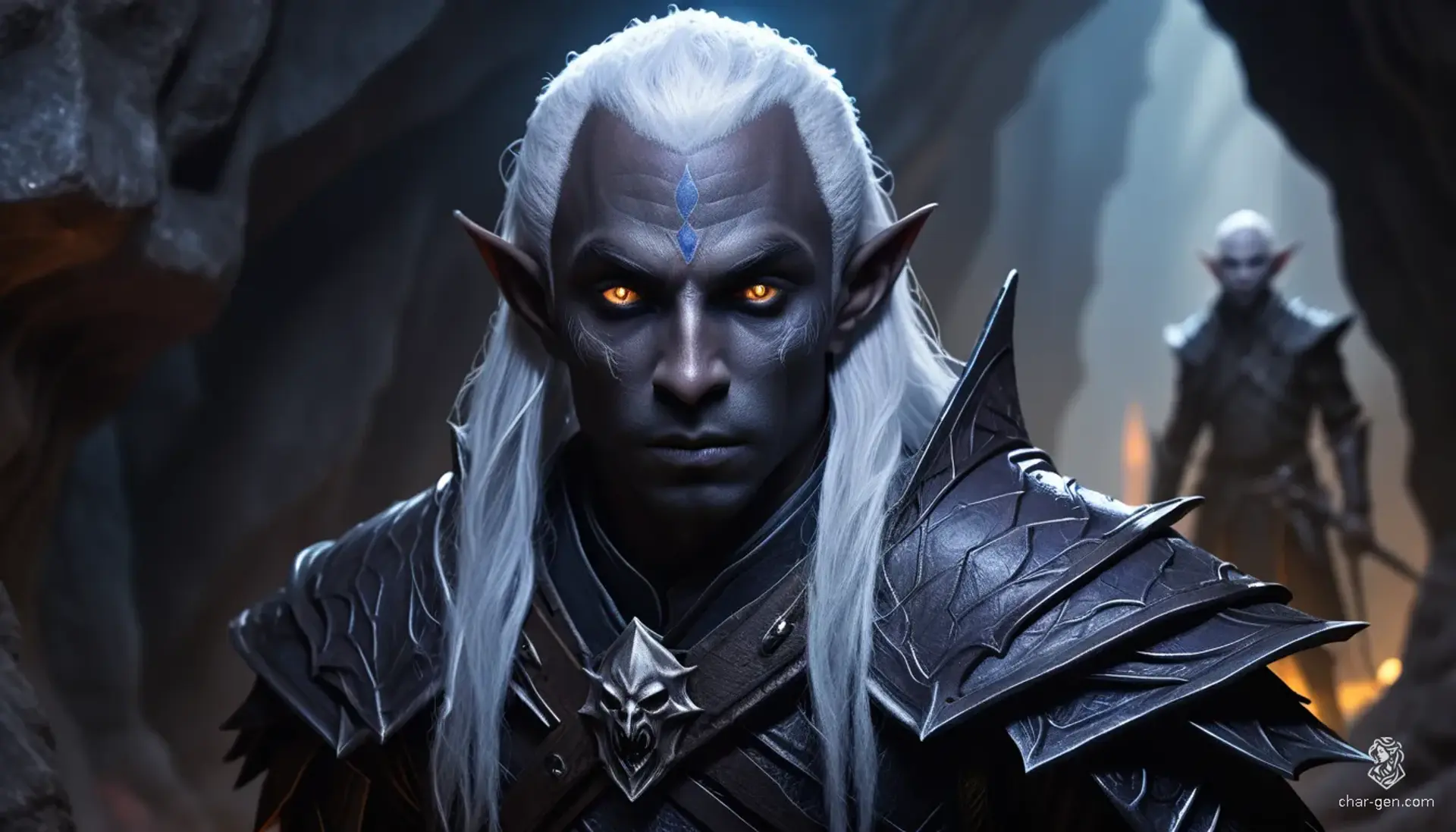 A young male fighter stands vigilant in chainmail, guarding the gates with confidence. His striking bright white hair contrasts against his dark grey-black drow skin, creating a powerful image. Armed with a variety of weapons, he patrols the streets, ready to defend against any threat.