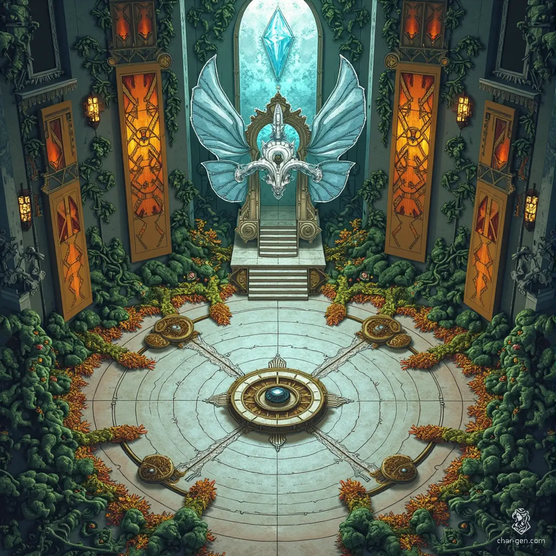 Enter the opulent throne room of the Fey Queen, where silvered wood and veined marble glisten beneath a canopy of vibrant flowers. Beware hidden snares woven into the flora, and the icy breath of the dragon-throne, for secrets lie in the shimmering shadows, waiting to ensnare the unwary.