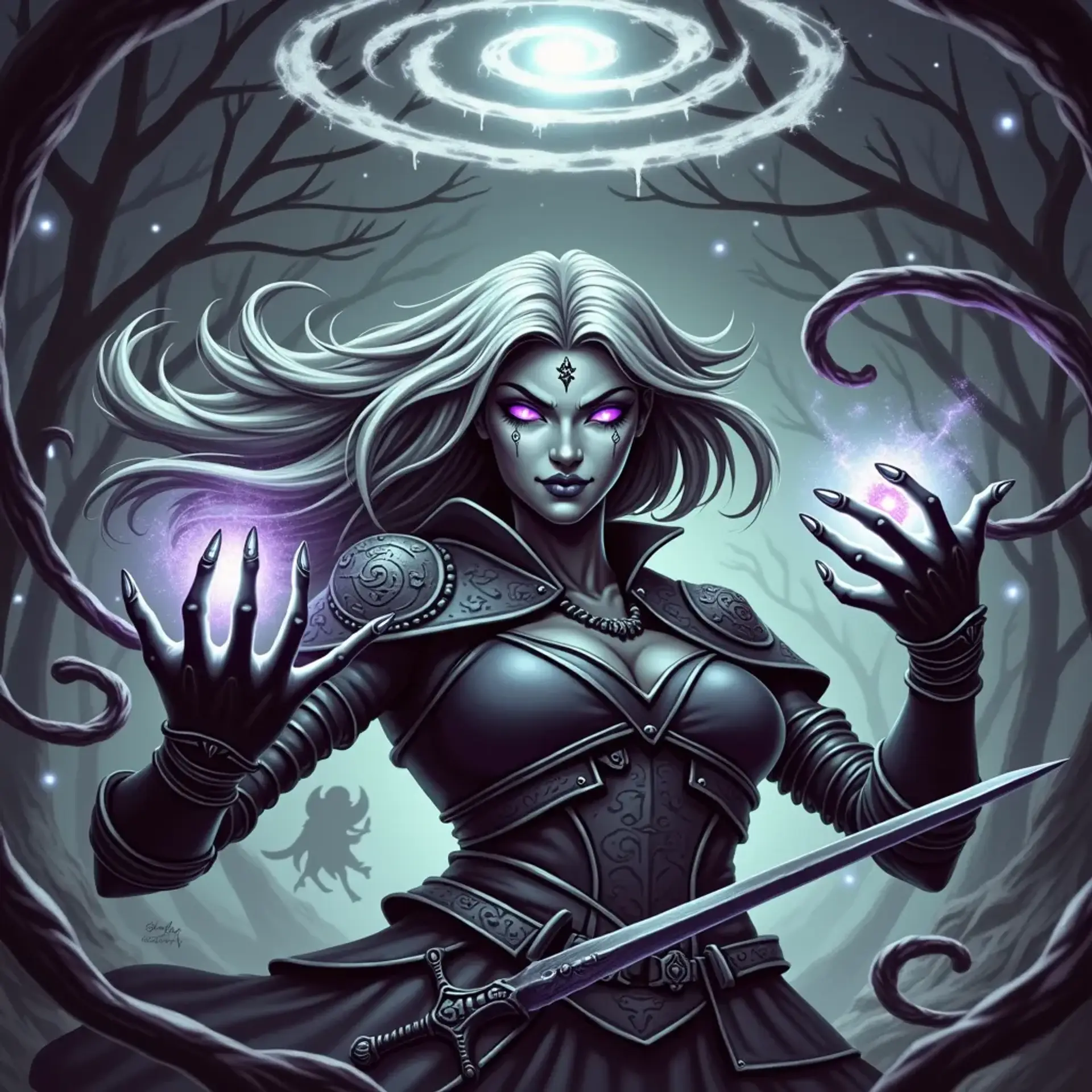 In the shadowy realms, a tall fetchling courier with gray skin and flowing dark silver hair wields shadow magic with grace. Her glowing starlit eyes and black tear track tattoos evoke mystery as shadowy tendrils coalesce around her. Adorned in rune-etched armor, she commands ethereal forces, embodying enchantment and danger.
