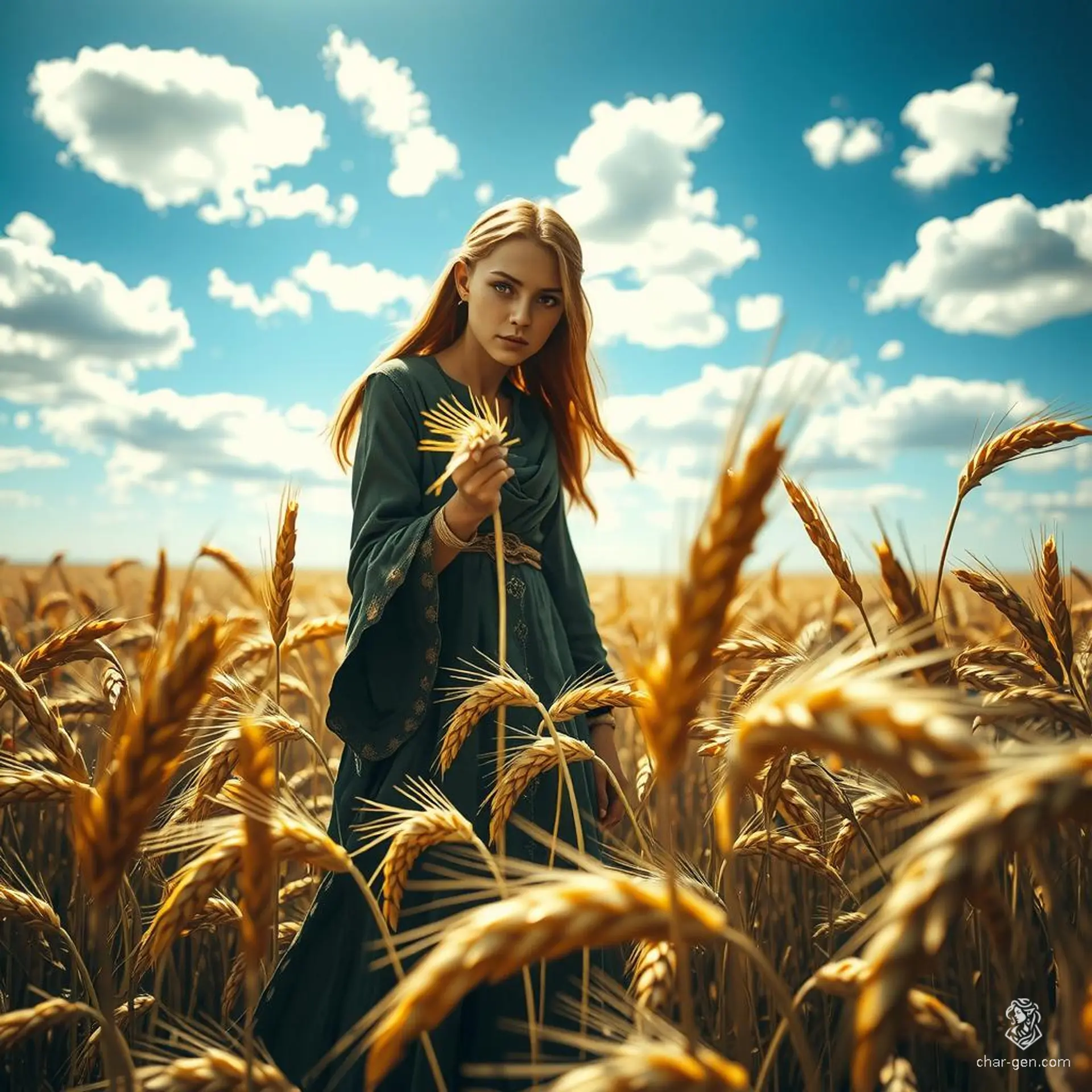 A lone elven female stands in a vast, golden wheat field, her tattered robes fluttering in the gentle breeze. Sunlight bathes the landscape in a warm glow, highlighting the striking contrast between her ethereal beauty and the wild, untouched nature surrounding her.