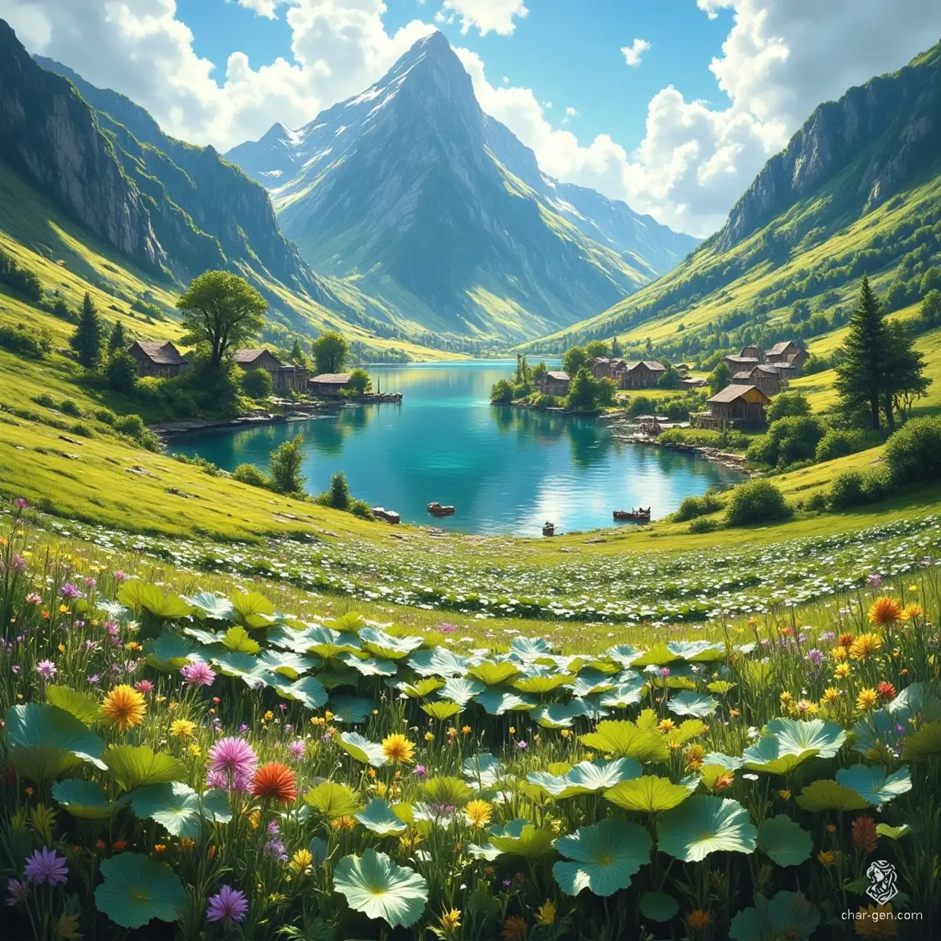 Nestled within a serene mountain valley, vibrant fields of wildflowers bloom beneath a cloudless sky. A quaint fishing village hugs the shore of a tranquil lake, where still waters reflect distant peaks and lily pads drift lazily, whispering secrets of hidden depths.