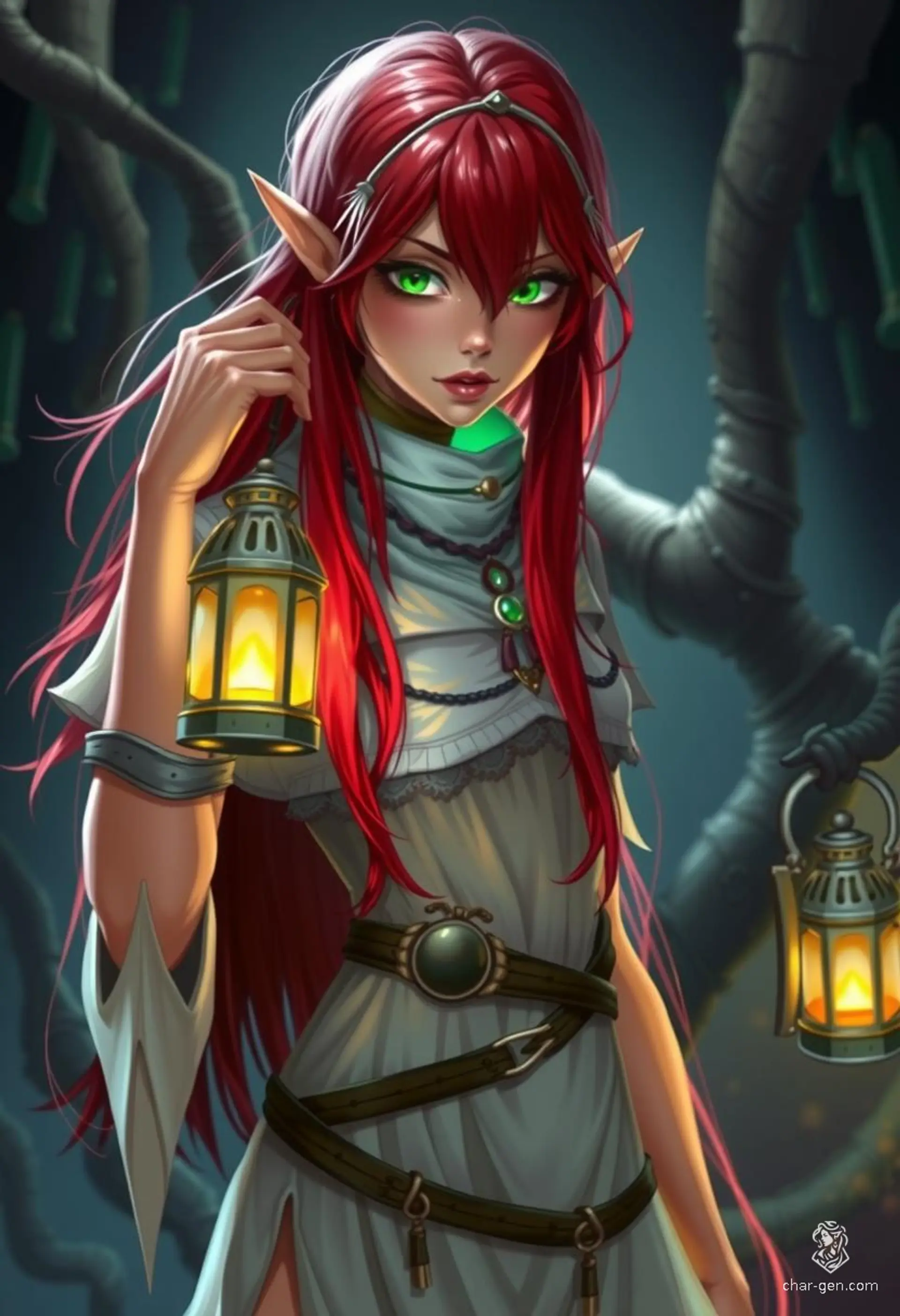 A mysterious elf woman with fiery red hair concealing her left eye and glowing green eyes. She dons a revealing white sorceress dress and carries a lantern, illuminating her path through the dark realms she inhabits.