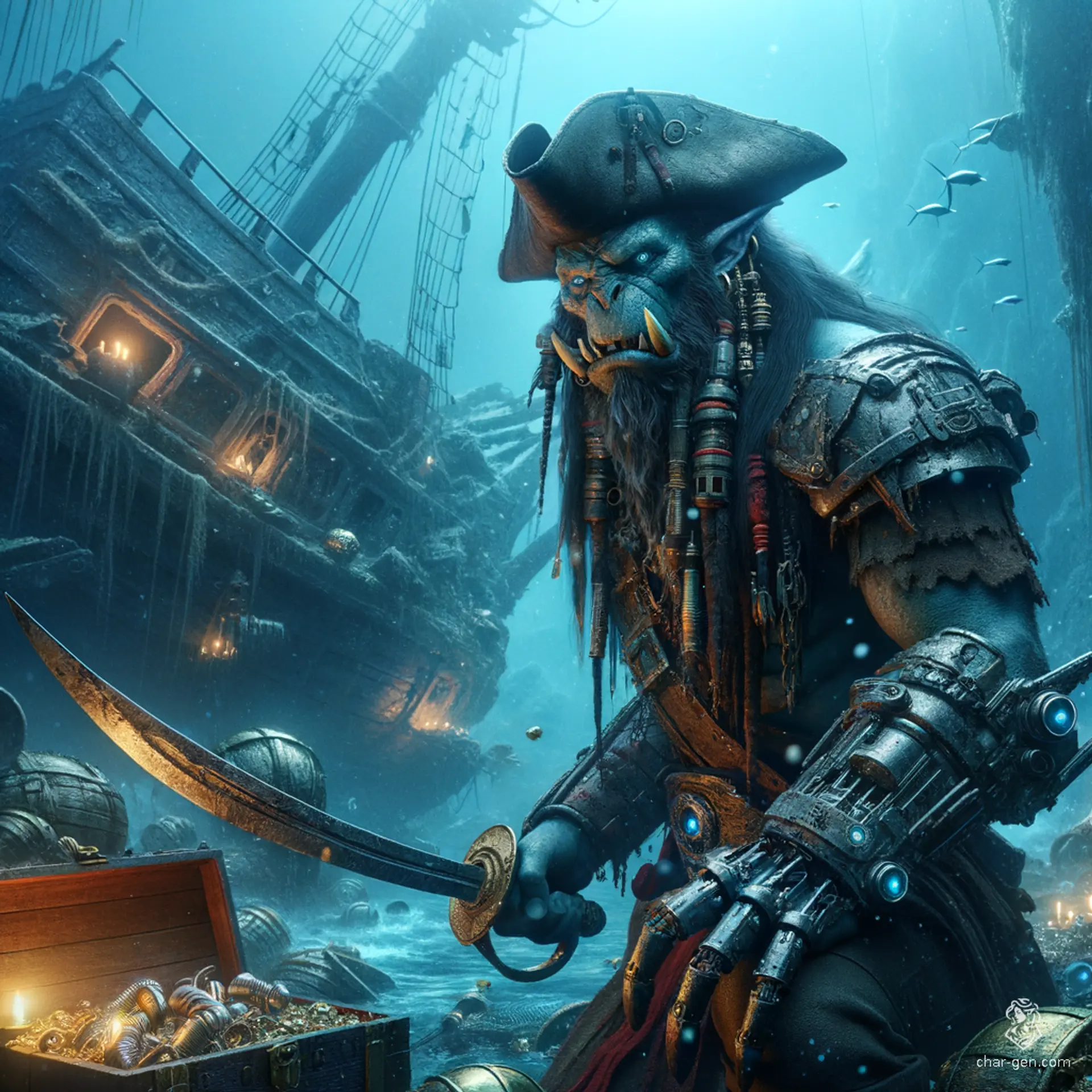 The male orc pirate, with a tusked, moderate build and bald, grey-skinned appearance, embodies a wild and rugged barbarian. Clad in futuristic pirate attire, he brandishes a cutlass and dons a tricorn hat. This space pirate orc is equipped with robotic enhancements, constantly seeking treasure among the stars.