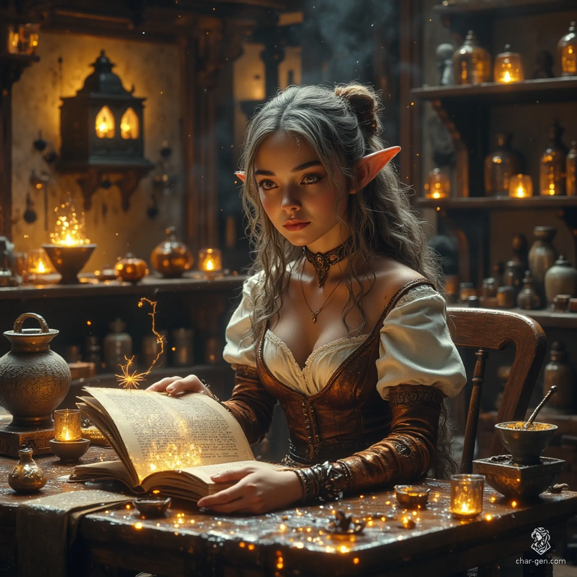 Maryam, the Apothecary Witch, is a graceful older elf with tanned skin and bright topaz eyes that sparkle with curiosity. Clad in a blend of practical yet stylish fabrics, she expertly juggles her witchcraft tome and her ghostly spider familiar. Surrounded by herbs and potions in her cozy lab, she exudes competence and a zest for the unknown.