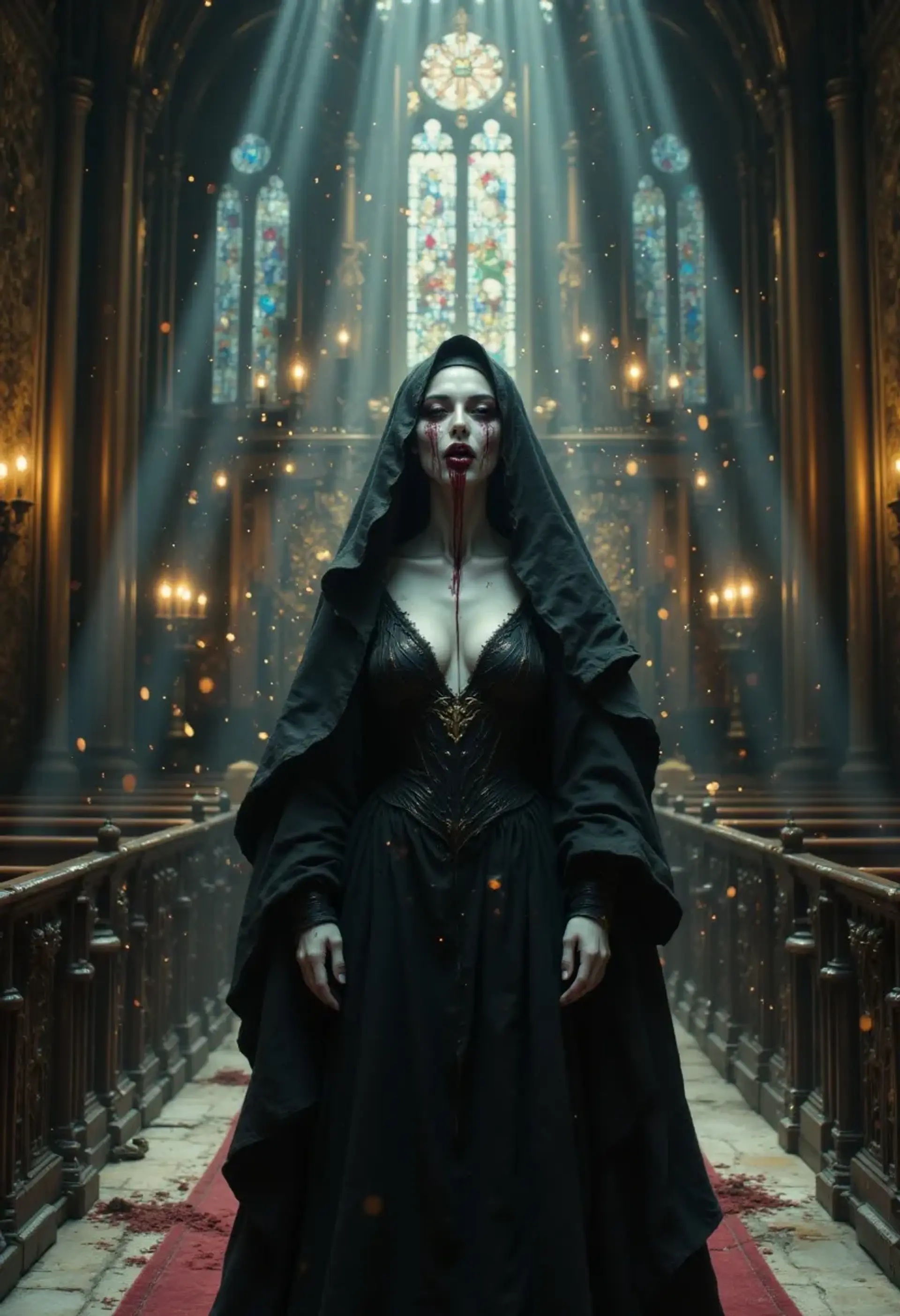 In a hauntingly gothic scene, a vampire nun with stark white skin and deep-set eyes looms, her exaggerated jaw open in a sinister grin. Blood drips from her chin, and her elegant attire enhances her aristocratic aura. Capturing her hypnotic gaze, this photorealistic vision showcases dynamic lighting and advanced skin shaders, evoking both terror and allure.