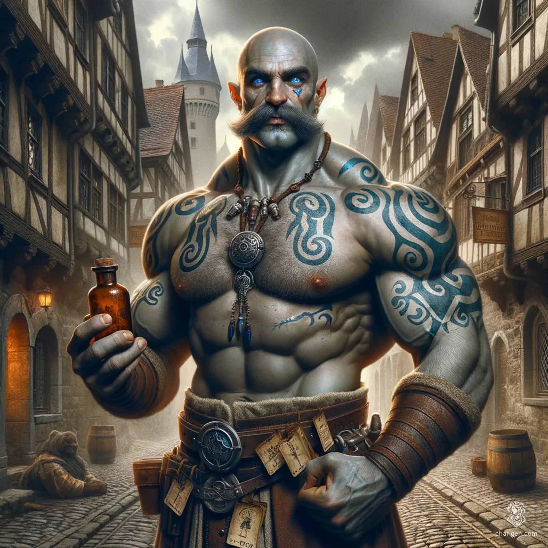 An imposing shirtless Goliath with grey, mottled skin, pale blue eyes, and a big handlebar mustache, this mid-30s wild magic sorcerer is a master cartomancer. Adorned with tribal tattoos and notable battle scars, he wields enchanted cards and a Bloodwell Vial. His magical abilities, enhanced by a Feywild Shard necklace, effortlessly blend strength and spellcraft, radiating a life steeped in mystical adventures.