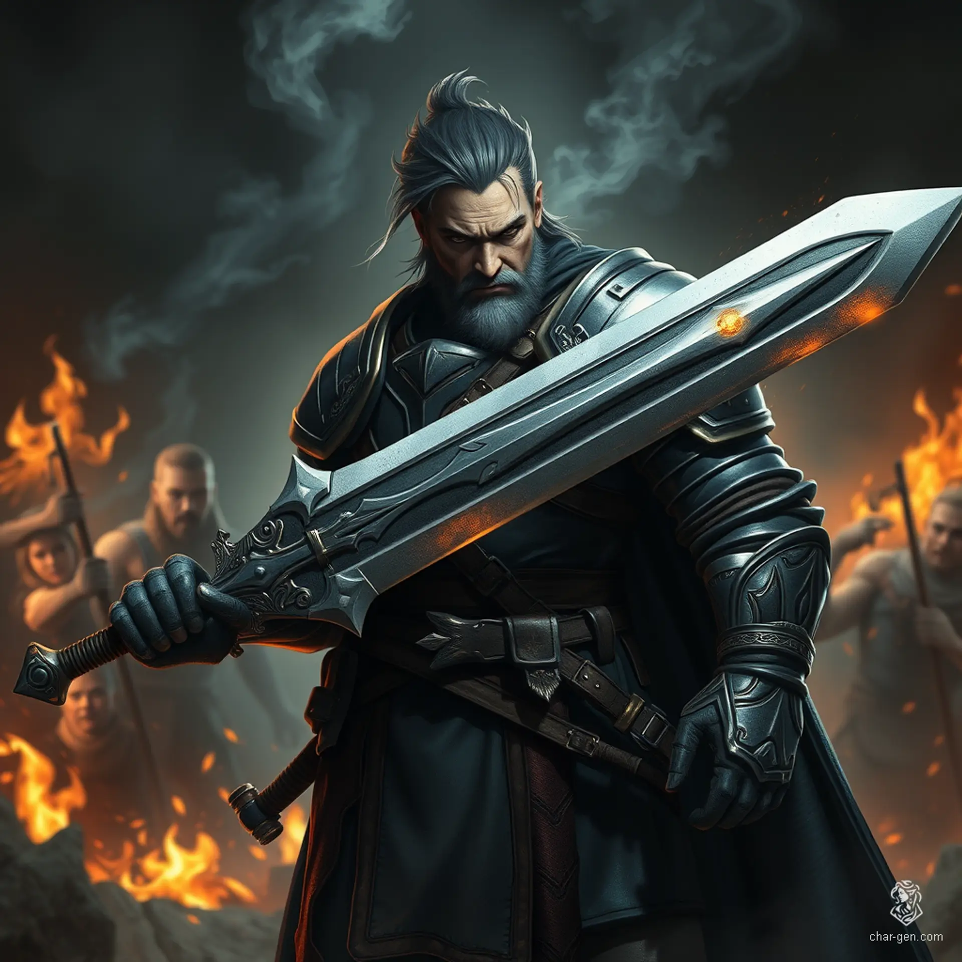Sig Curtis is a towering figure at 2 meters tall, exuding a gloomy determination. Clad in battered half armor and wielding a beautifully intricate great sword, he stands ready for battle, enveloped in a shadowy aura as chaos erupts around him.