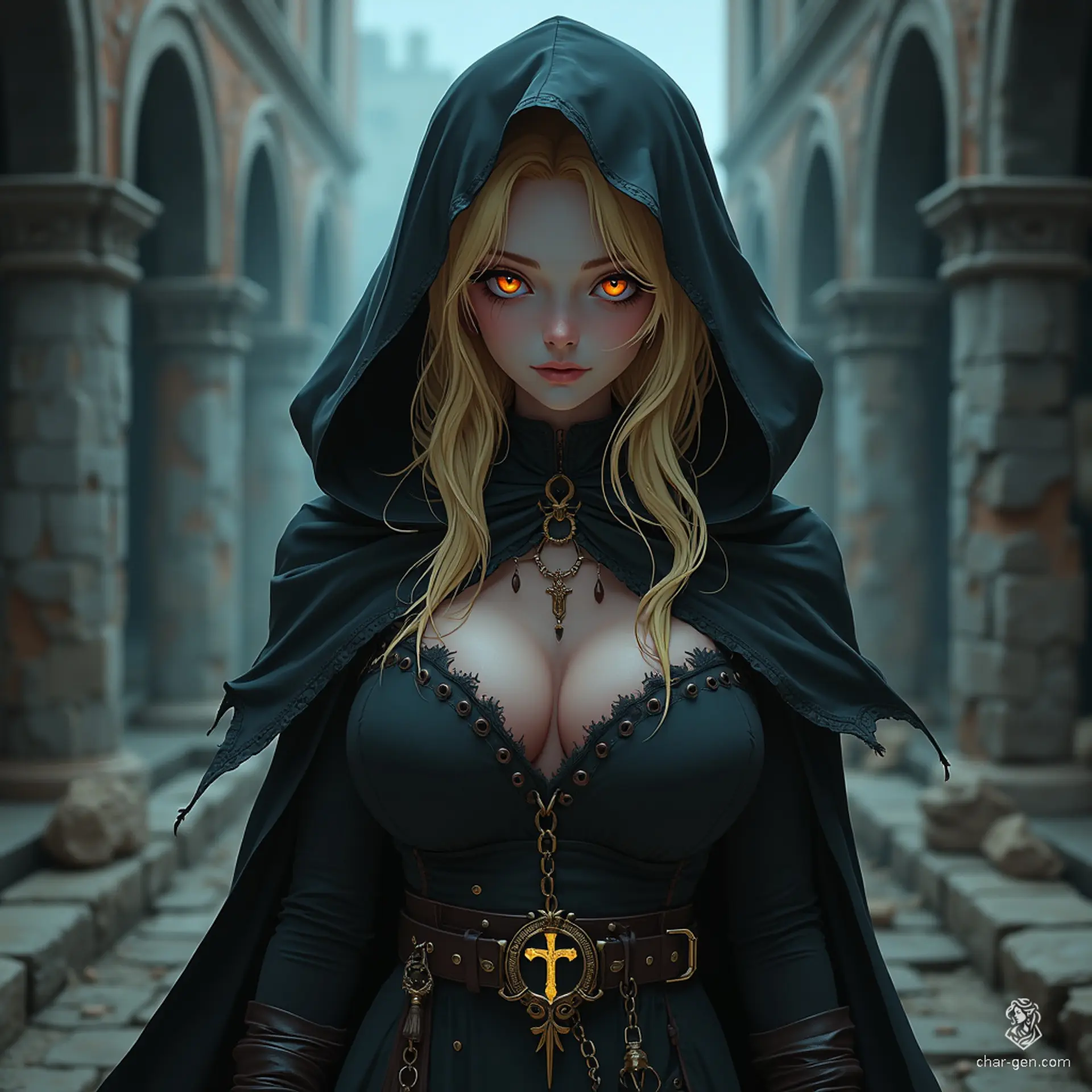 A Gothic priestess with blonde hair, this human cleric exudes a serene demeanor. Clad in dark, leather-trimmed robes and a hood, she poses seductively, her prominent holy symbol hinting at a somber power.